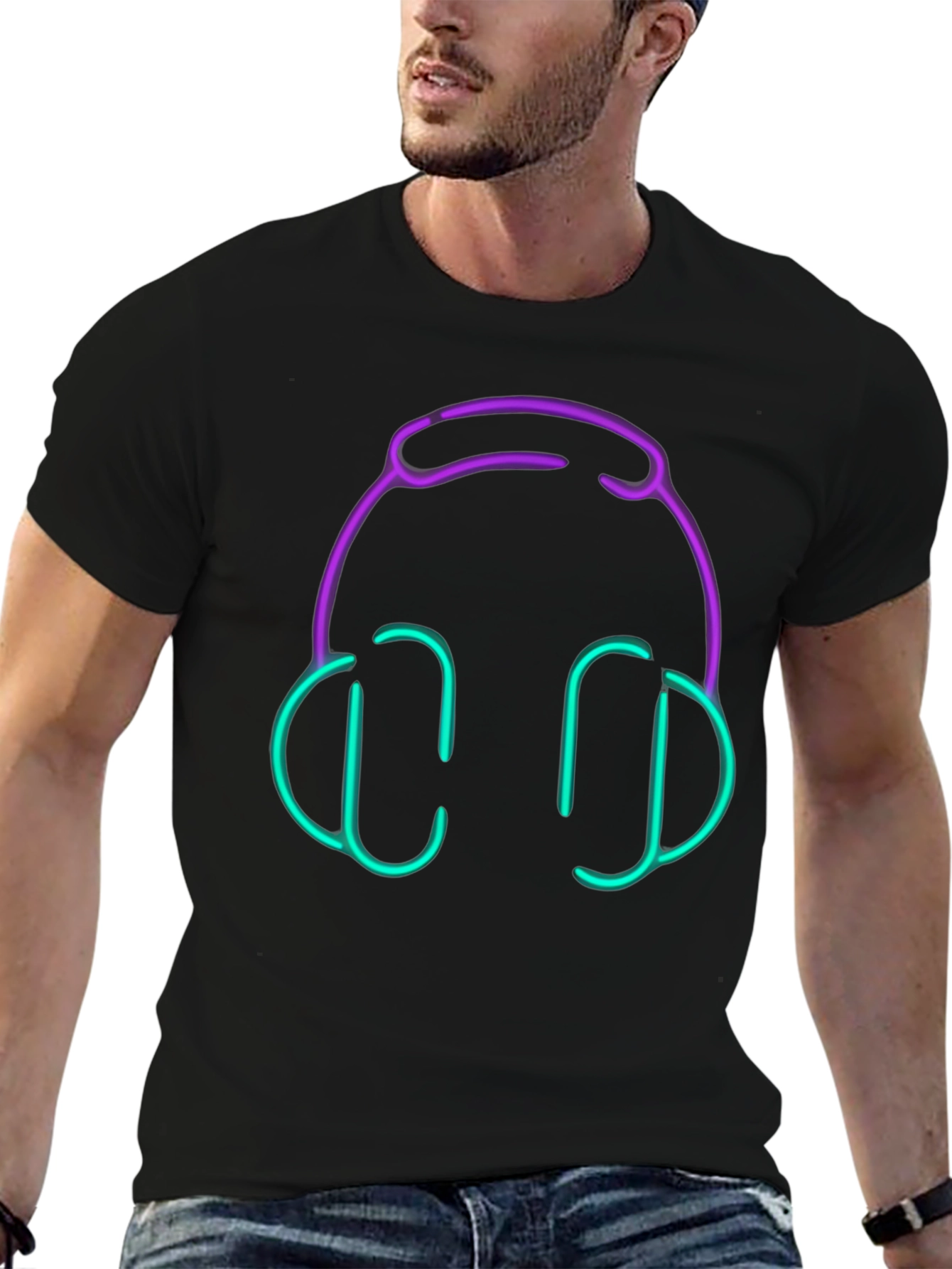 Camiseta Negra con Diseño de Auriculares Neón