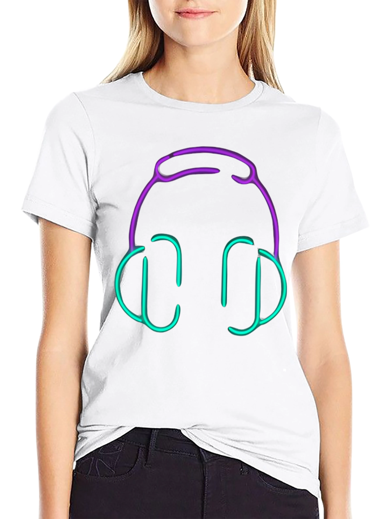 Camiseta Negra con Diseño de Auriculares Neón