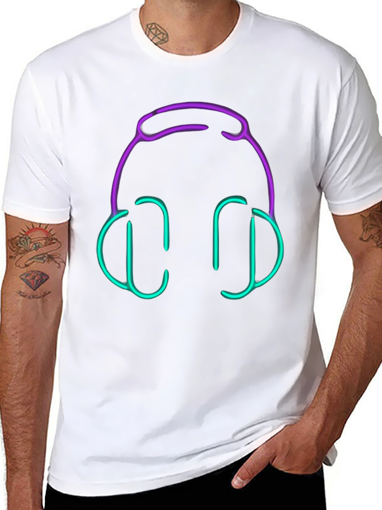 Camiseta Negra con Diseño de Auriculares Neón