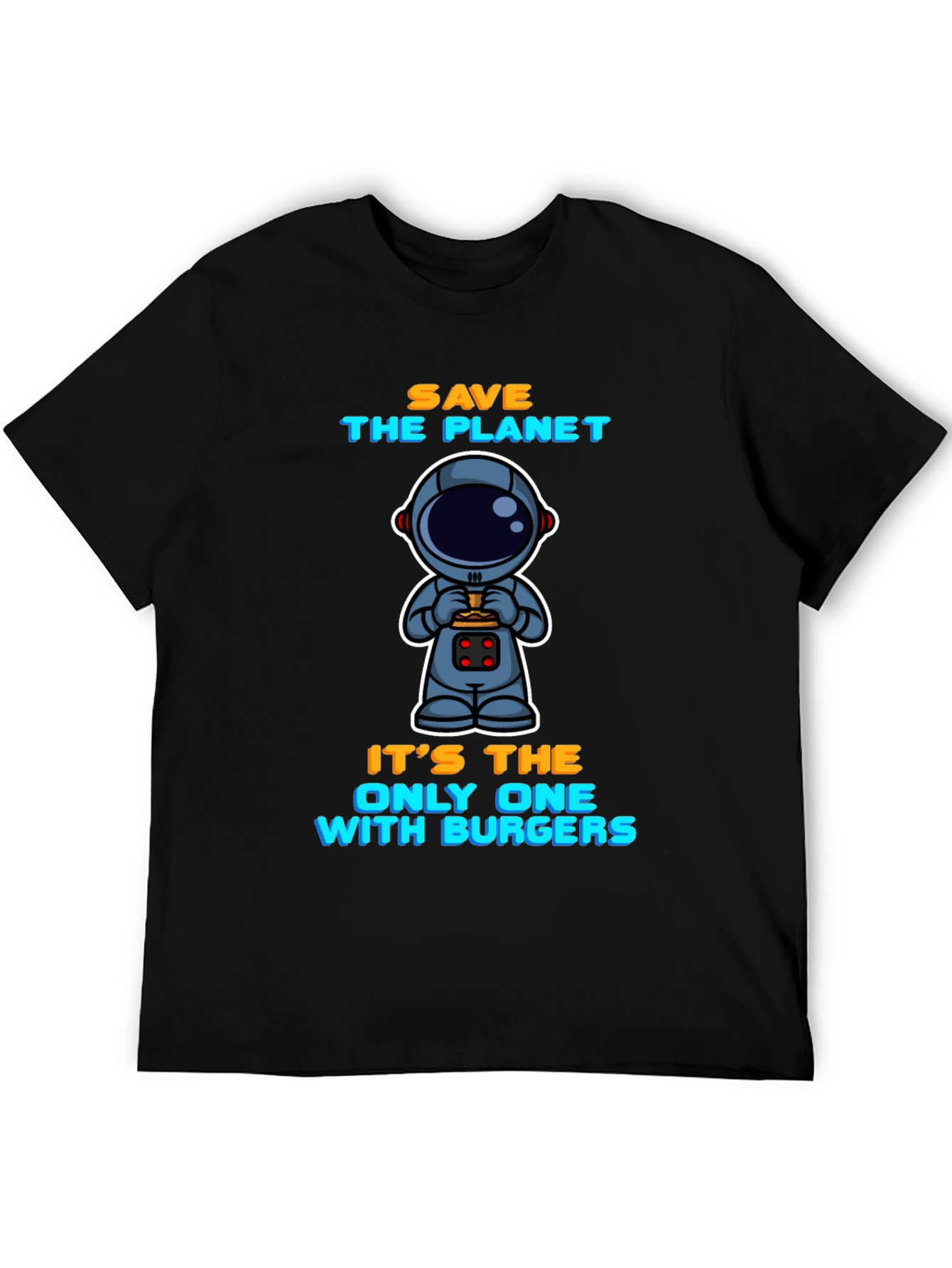 Camiseta Negra: Astronauta y Hamburguesas - Salva el Planeta