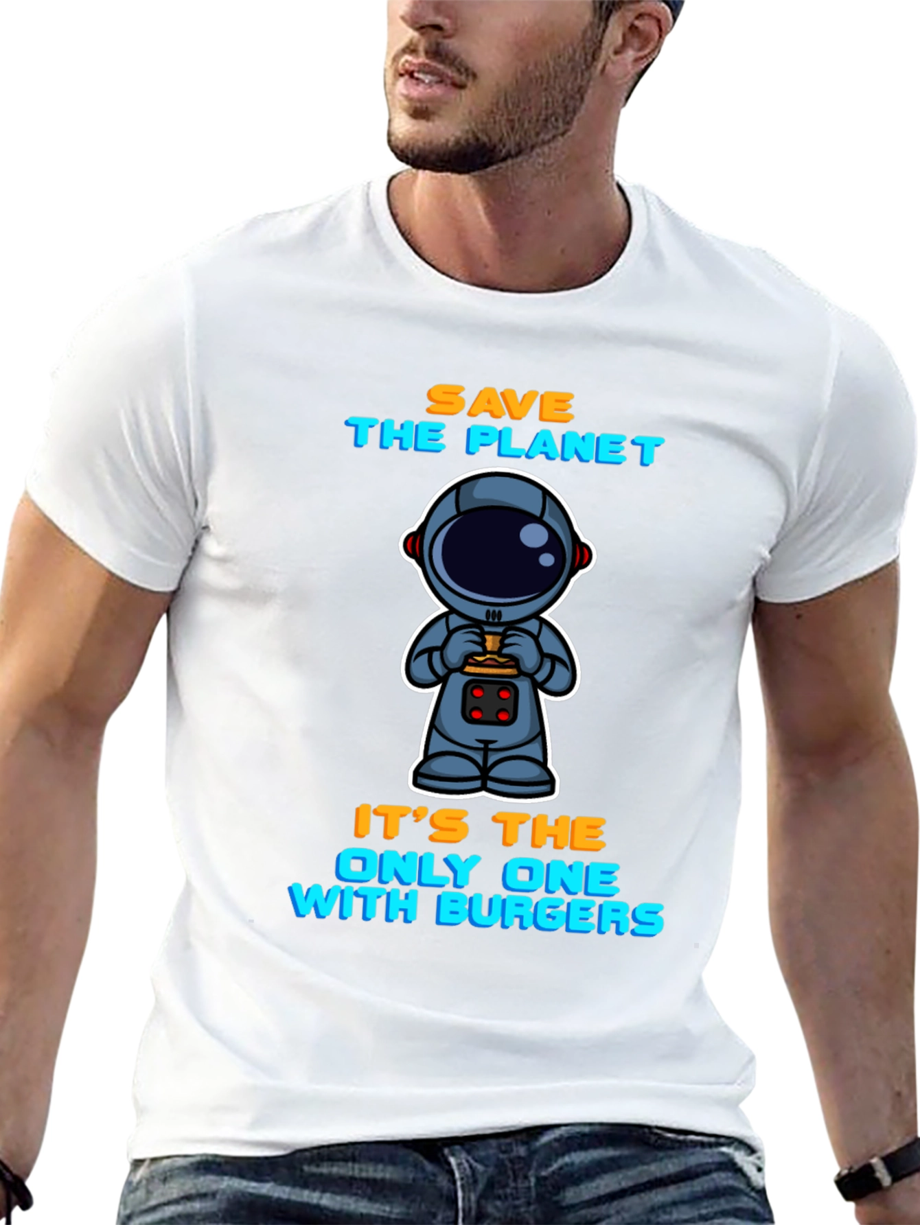 Camiseta Negra: Astronauta y Hamburguesas - Salva el Planeta