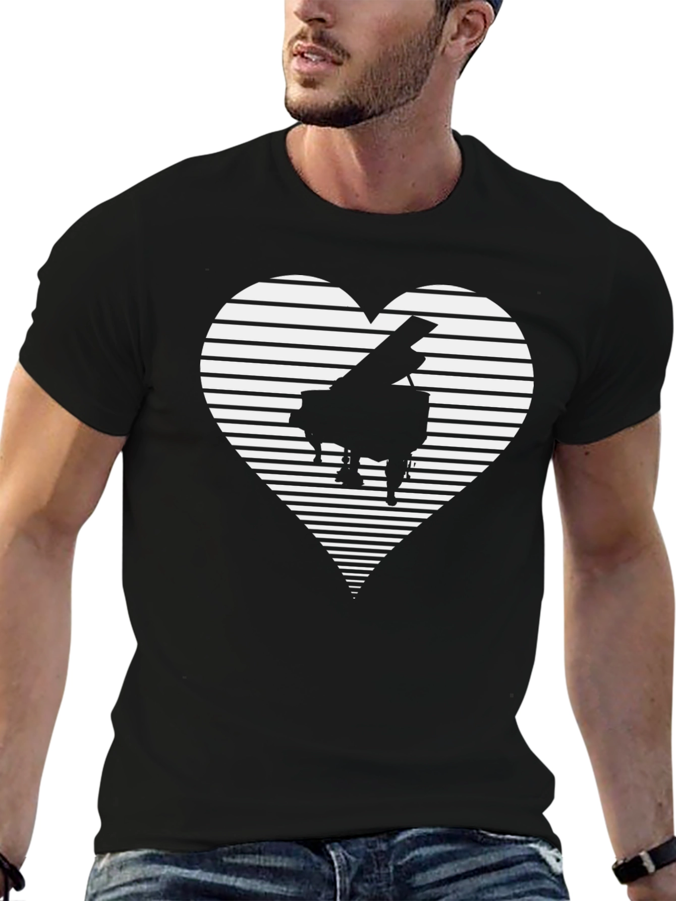 Camiseta Negra Piano Corazón Rayas Hombre