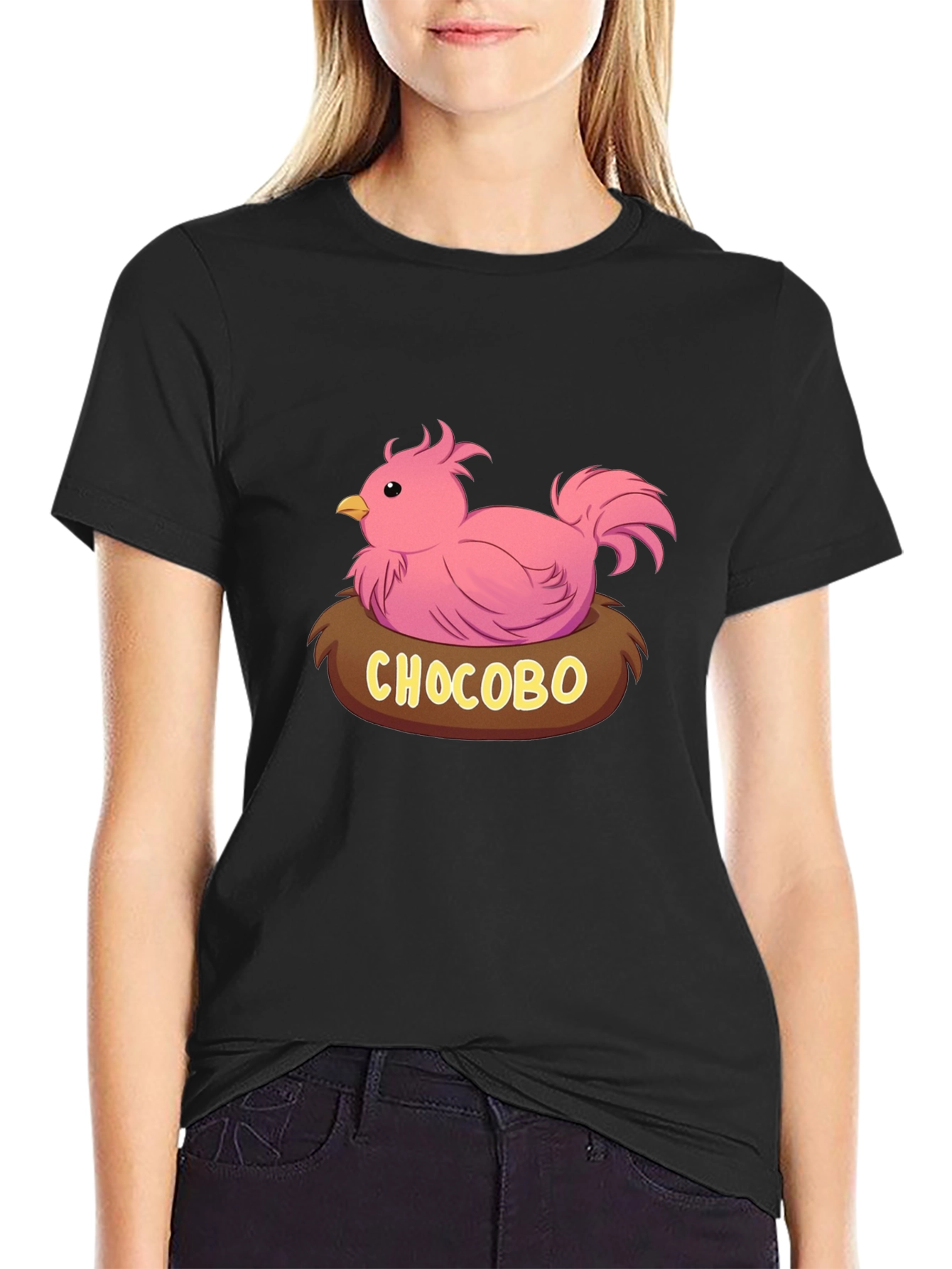 Camiseta Negra con Diseño Chocobo Rosa