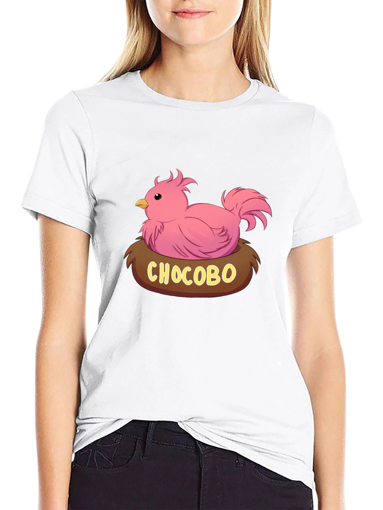 Camiseta Negra con Diseño Chocobo Rosa