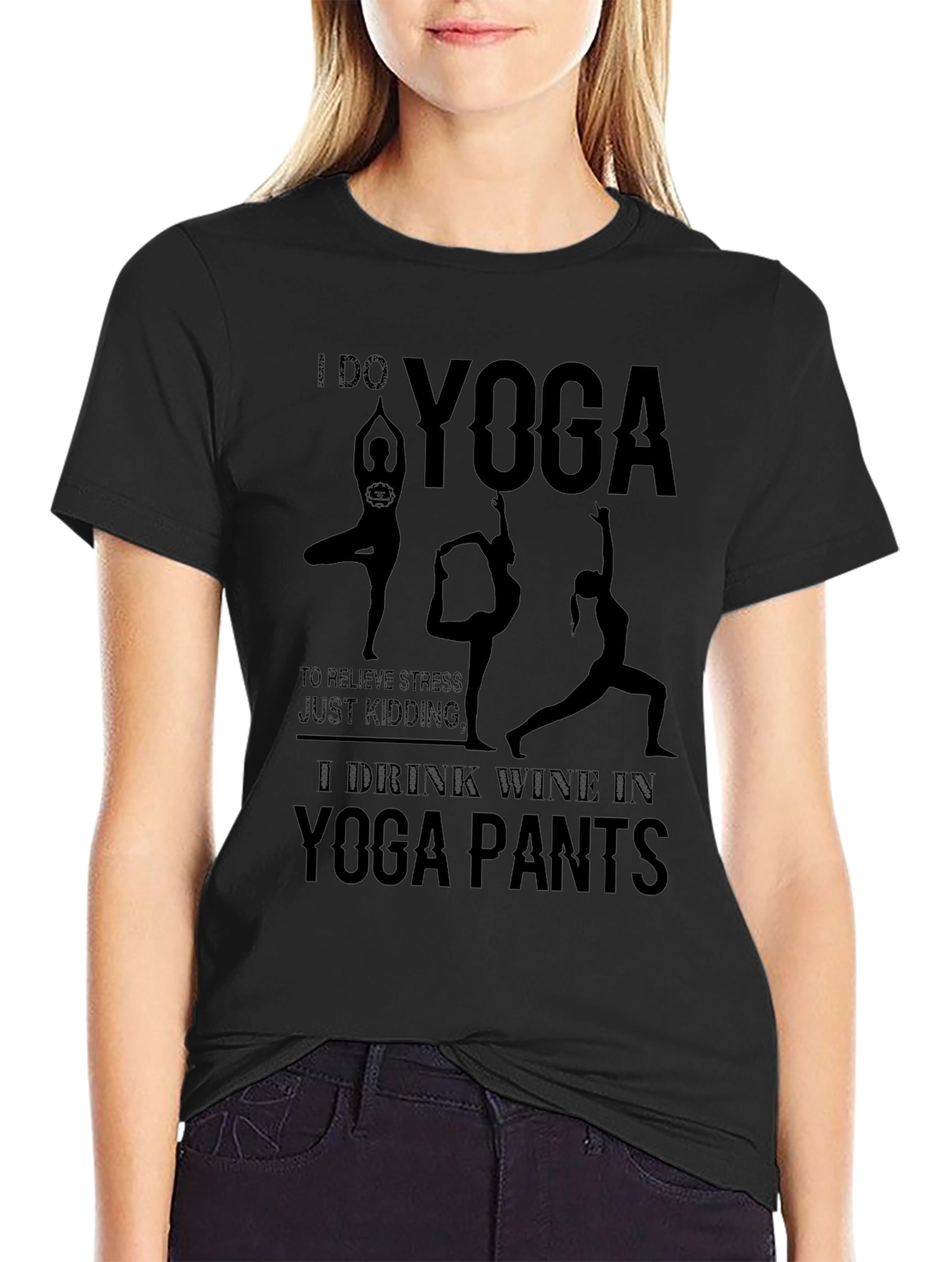 Camiseta Negra Yoga & Vino: Relax con Humor