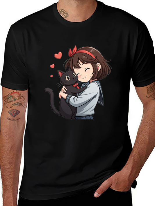 Camiseta Negra con Diseño Anime de Chica y Gato