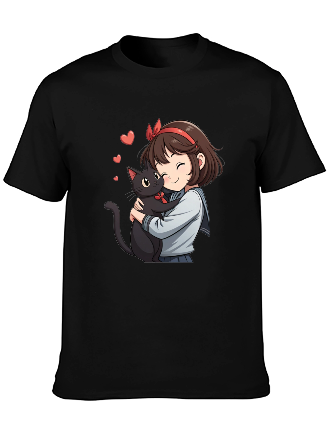 Camiseta Negra con Diseño Anime de Chica y Gato