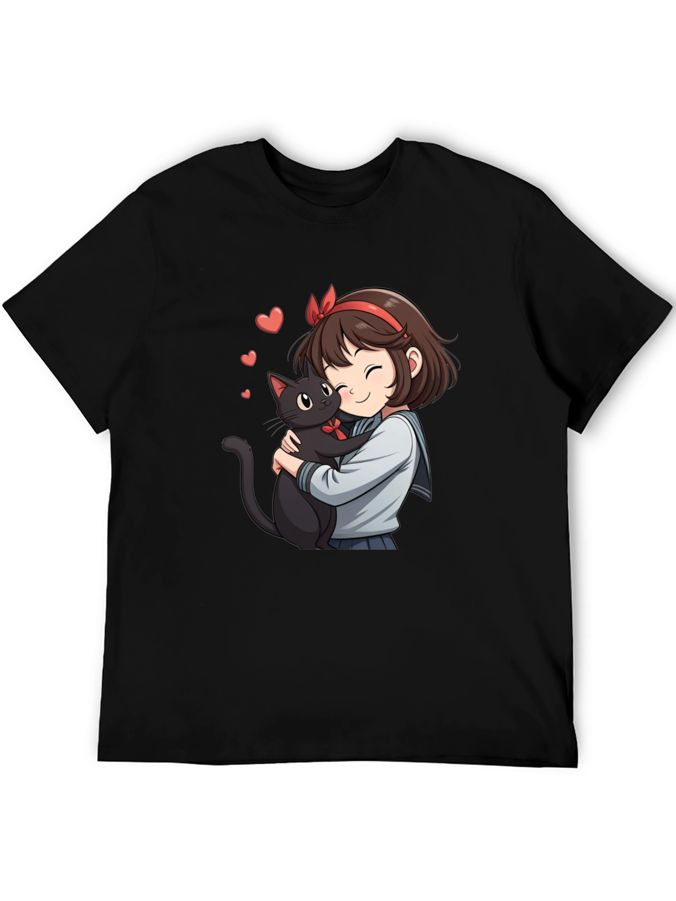 Camiseta Negra con Diseño Anime de Chica y Gato
