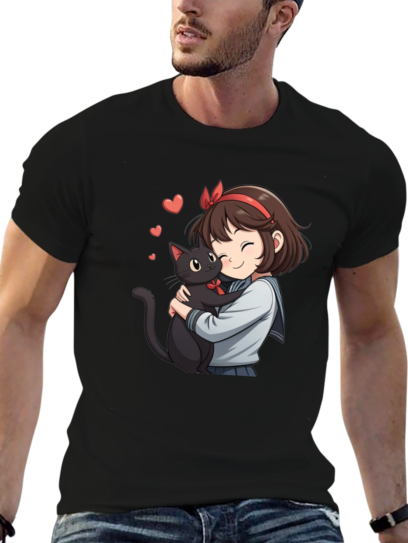 Camiseta Negra con Diseño Anime de Chica y Gato