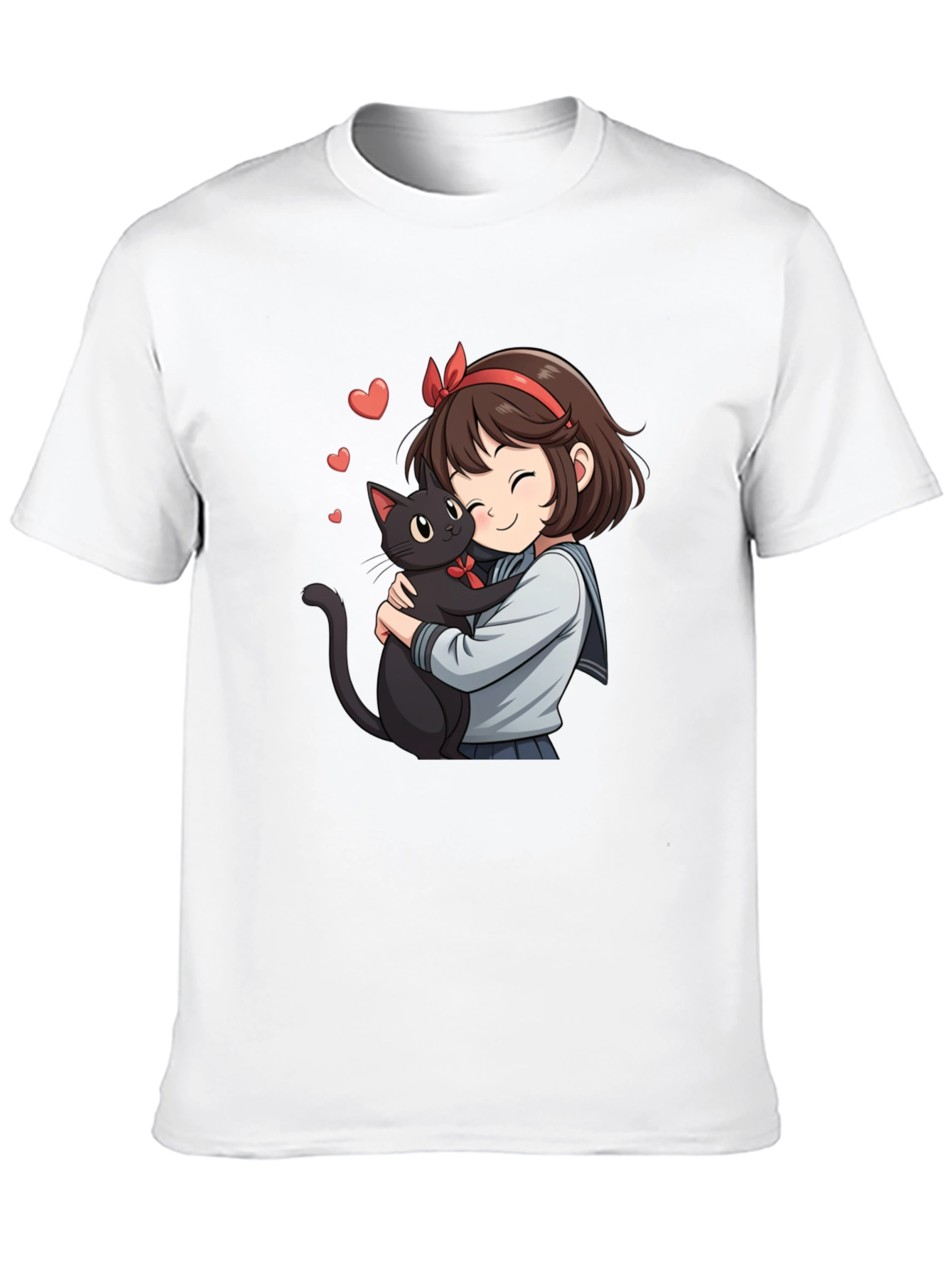 Camiseta Negra con Diseño Anime de Chica y Gato