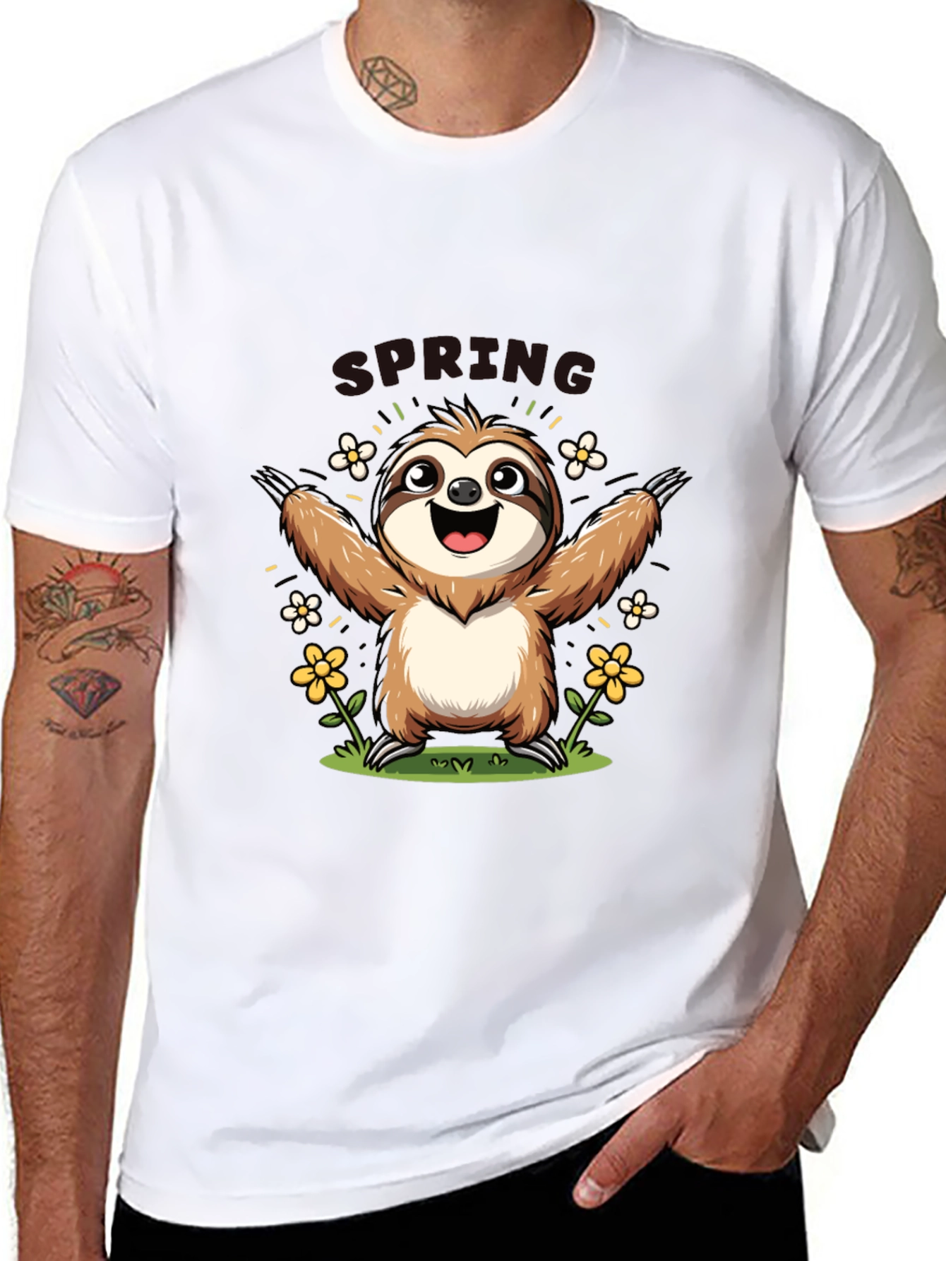 Camiseta Negra con Diseño de Perezoso Primaveral