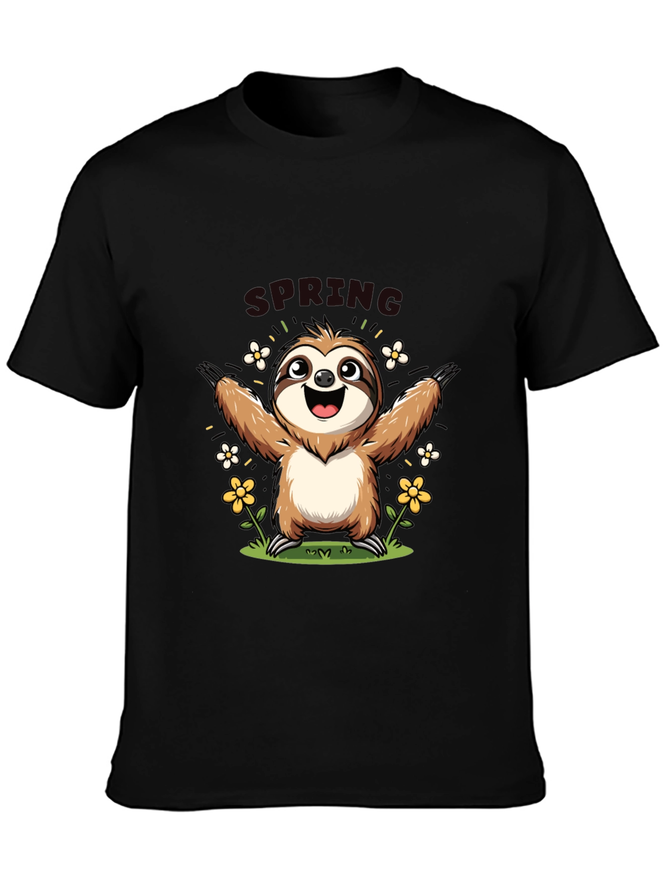 Camiseta Negra con Diseño de Perezoso Primaveral
