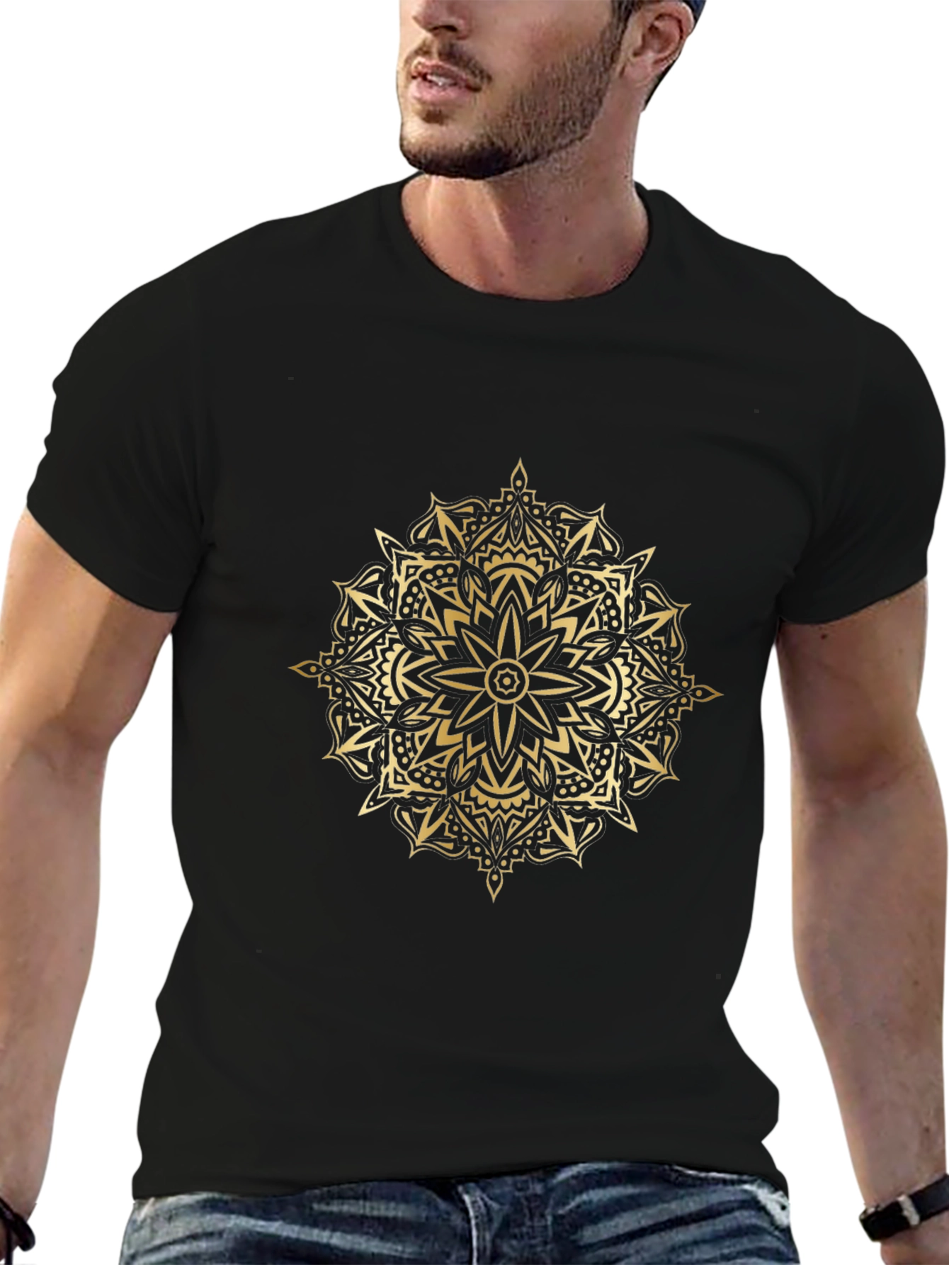 Camiseta Negra Mandala Dorada Hombre