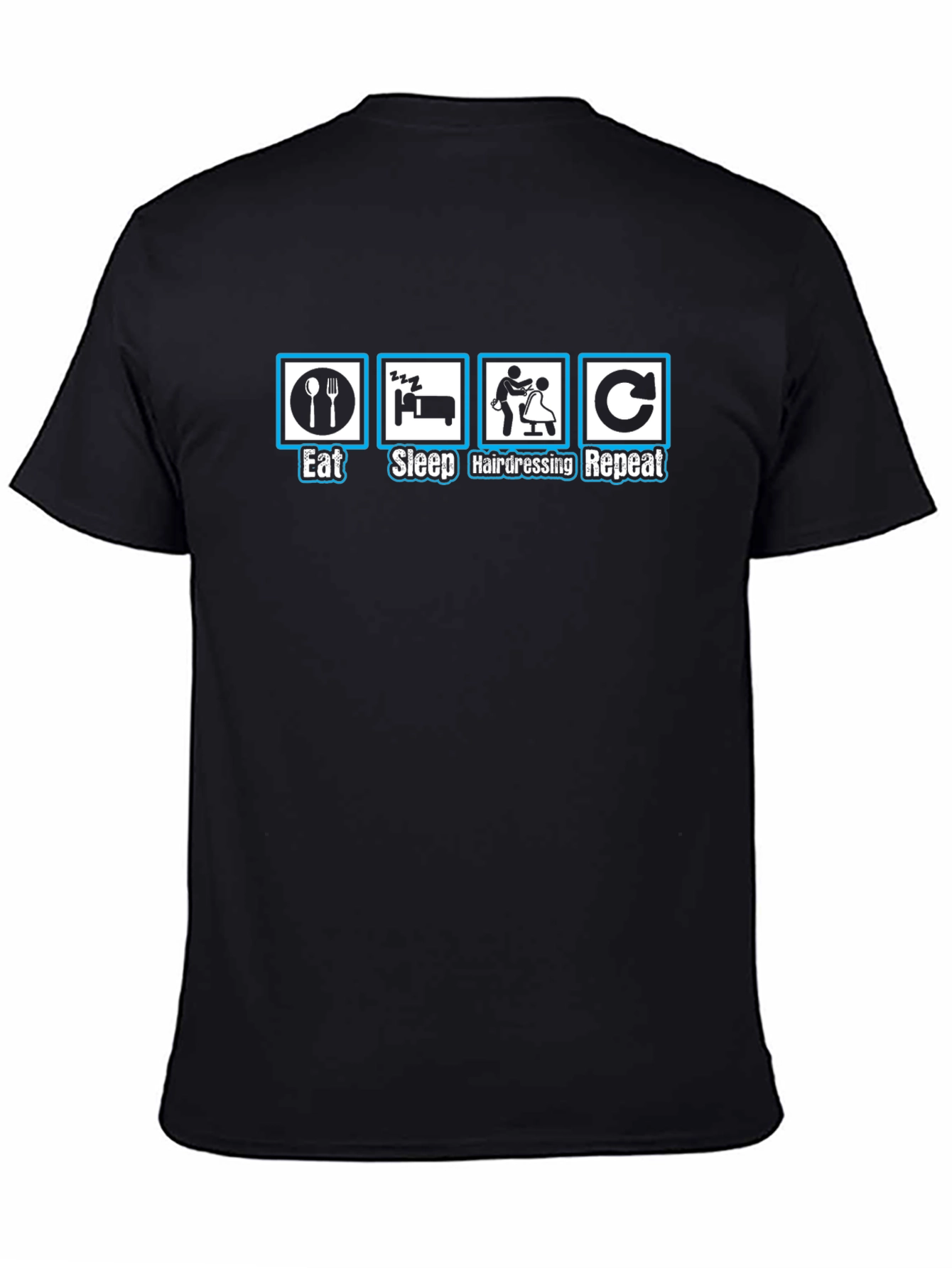 Camiseta Negra Divertida: Comer Dormir Peluquería Repetir