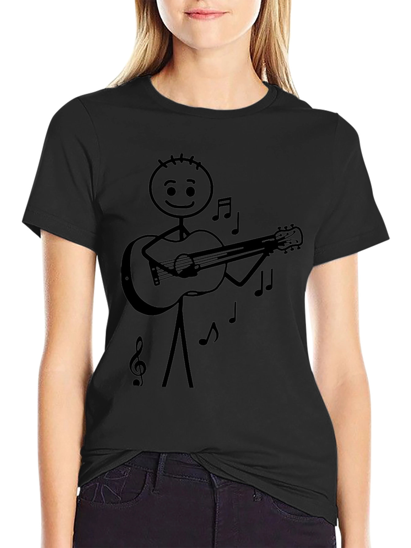 Camiseta Negra con Diseño de Músico de Palo