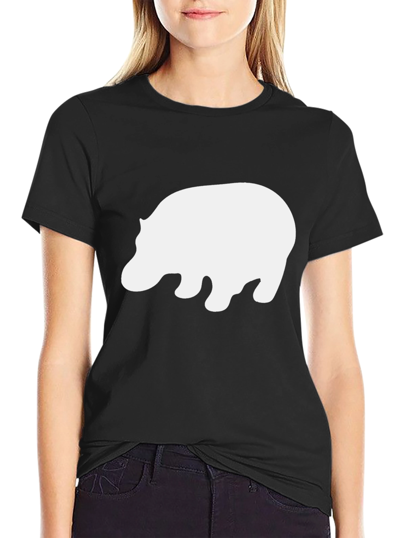 Camiseta Negra con Estampado de Hipopótamo Blanco