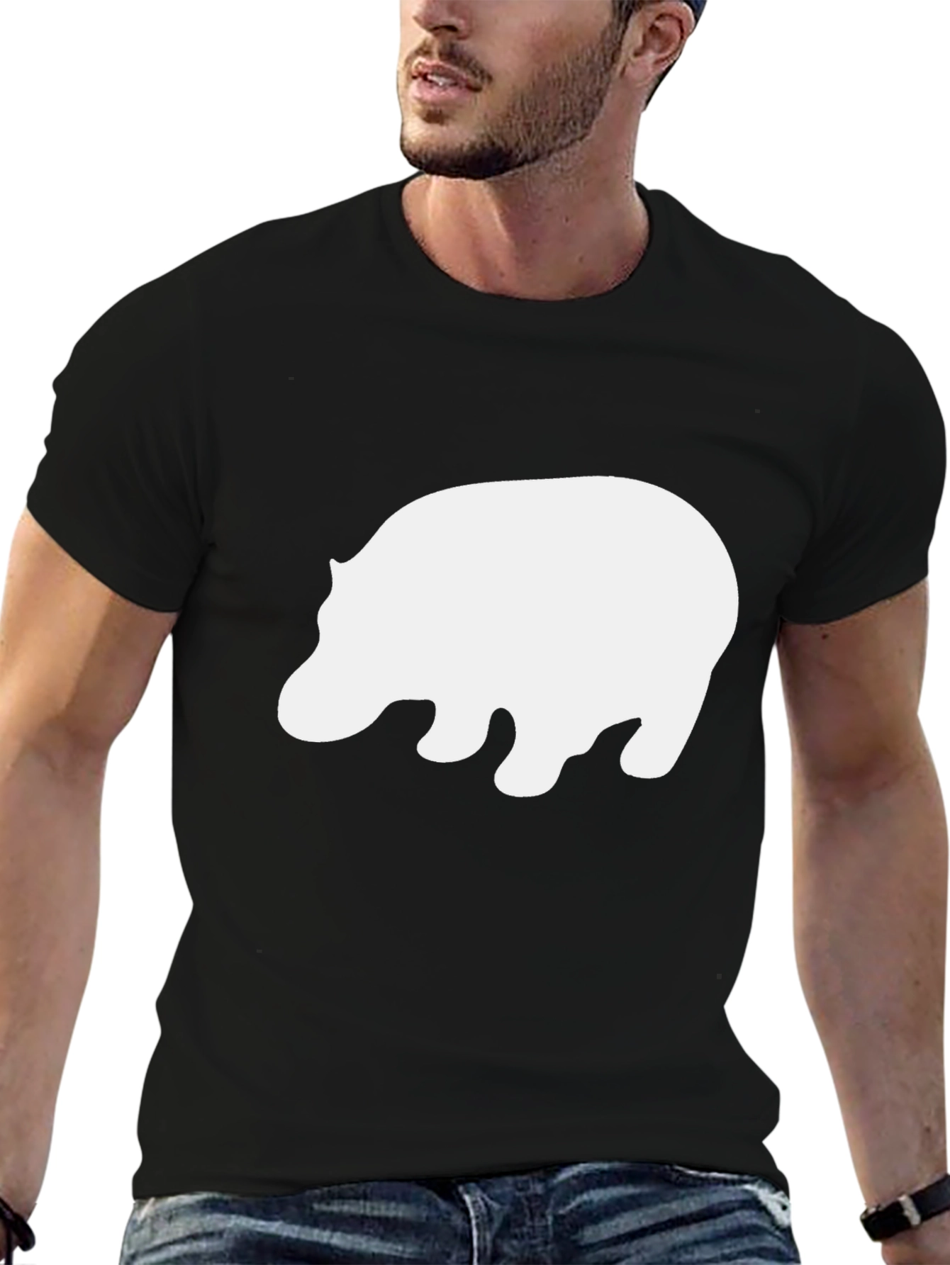 Camiseta Negra con Estampado de Hipopótamo Blanco