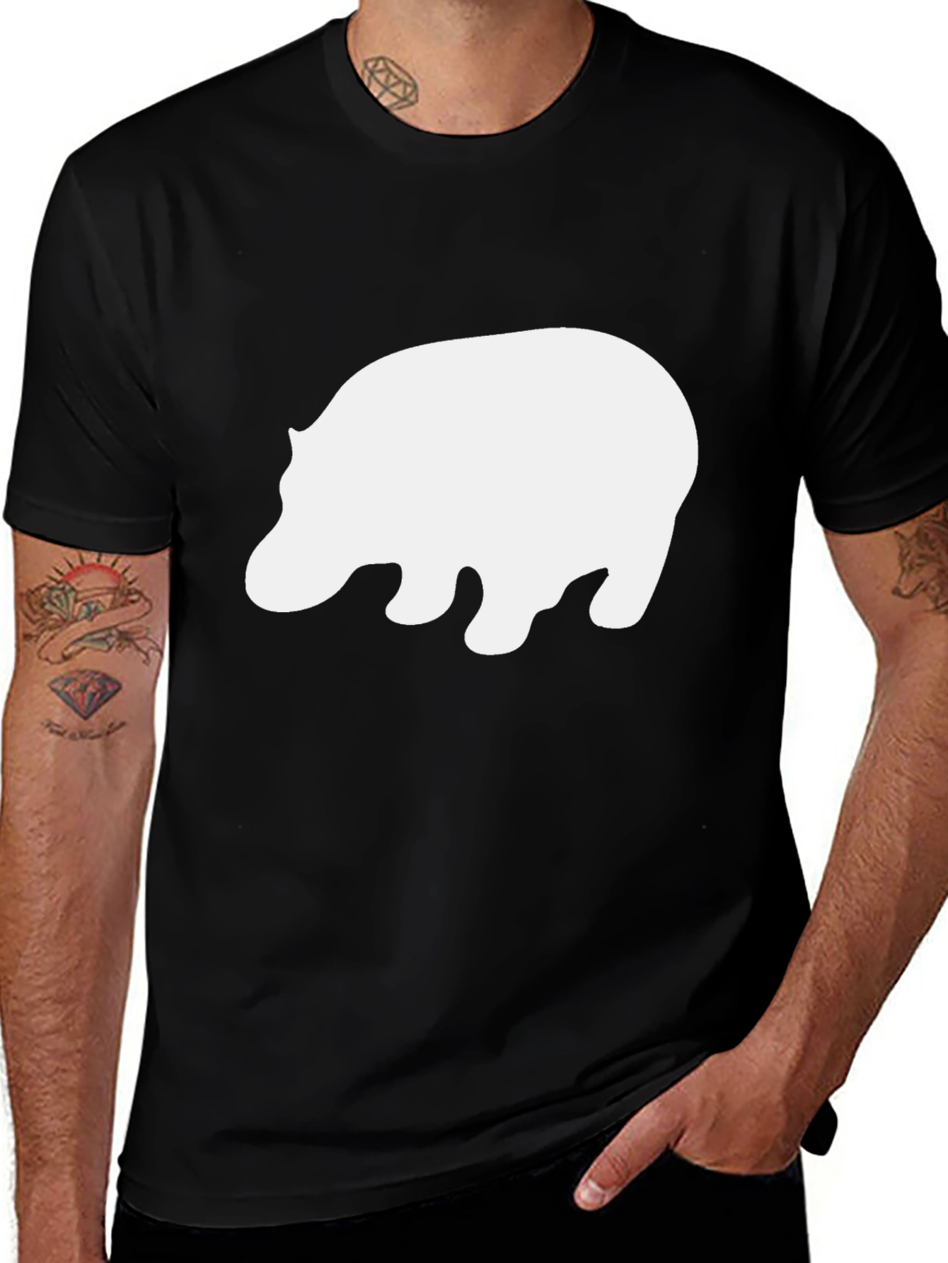 Camiseta Negra con Estampado de Hipopótamo Blanco