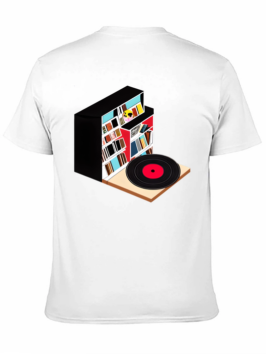 Camiseta Negra con Diseño de Biblioteca y Vinilo