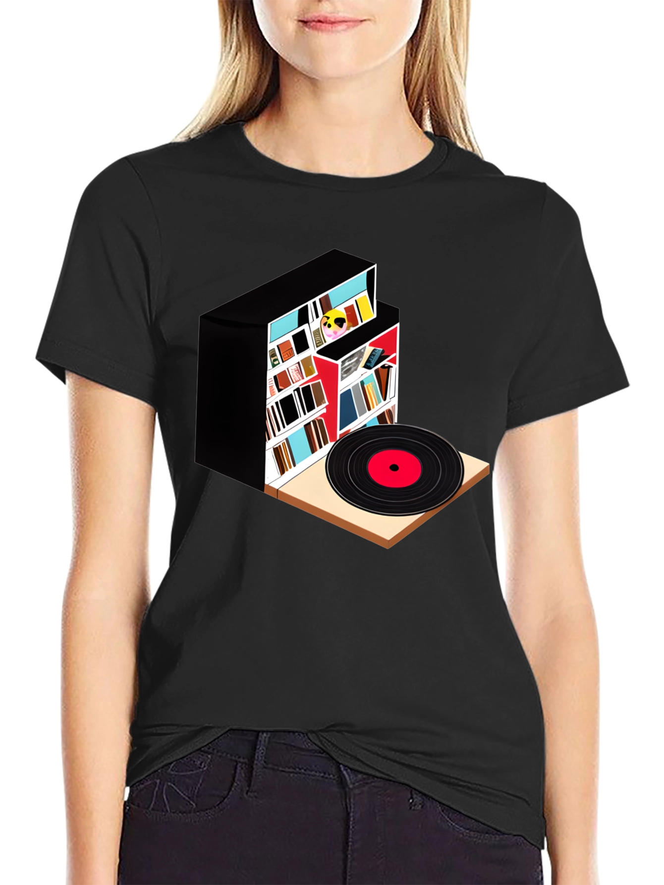 Camiseta Negra con Diseño de Biblioteca y Vinilo
