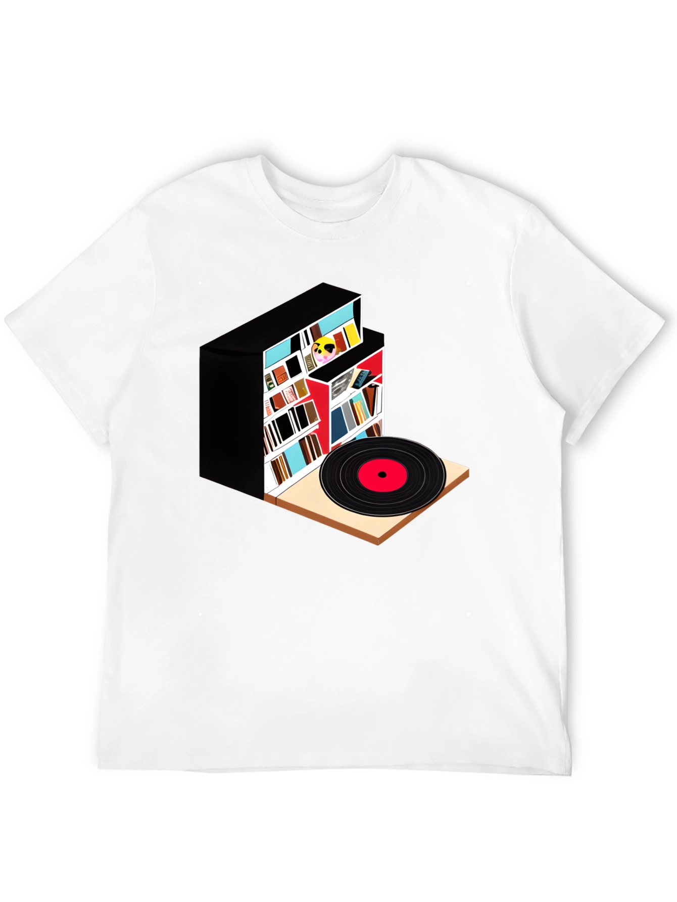 Camiseta Negra con Diseño de Biblioteca y Vinilo