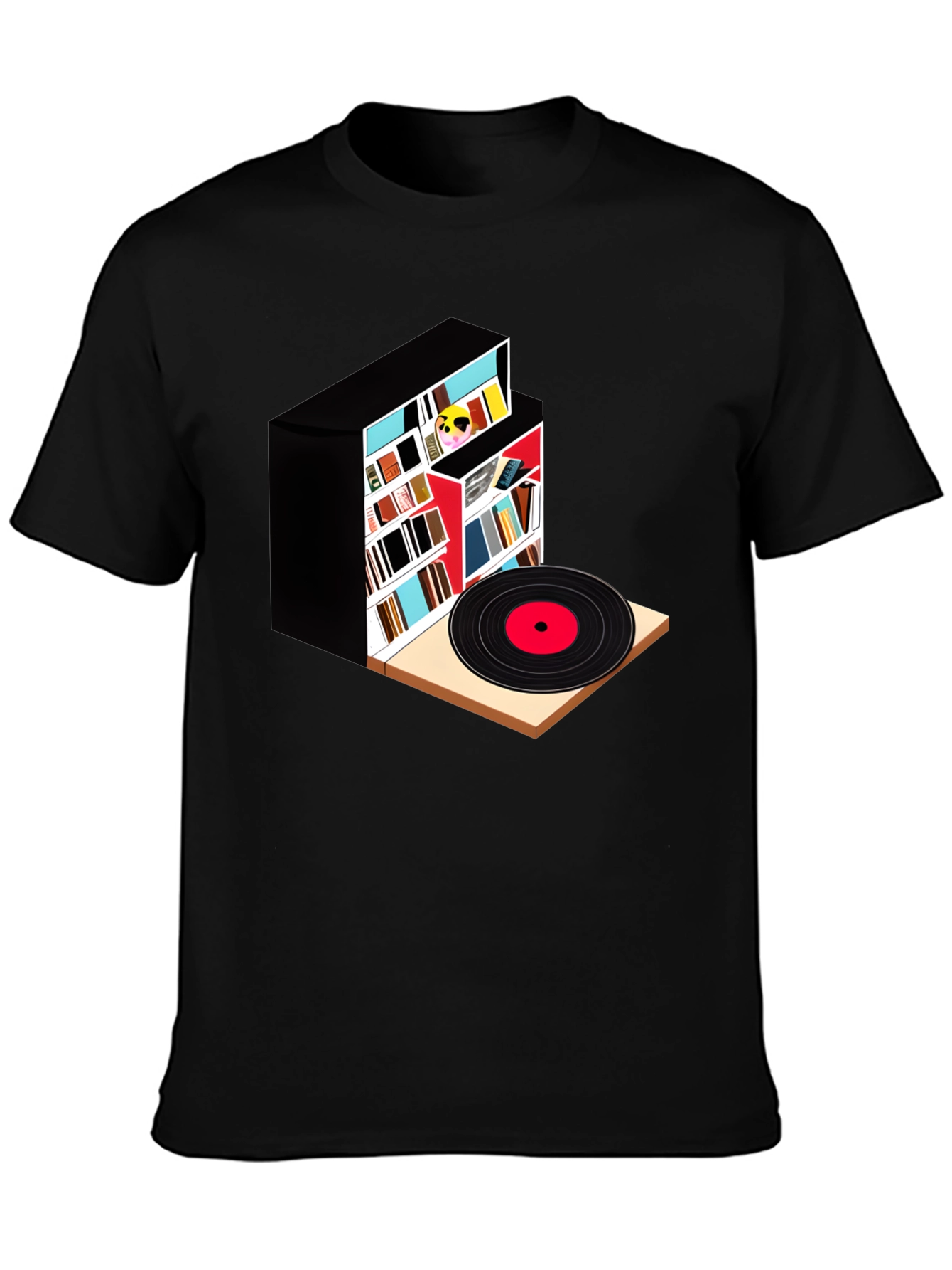 Camiseta Negra con Diseño de Biblioteca y Vinilo