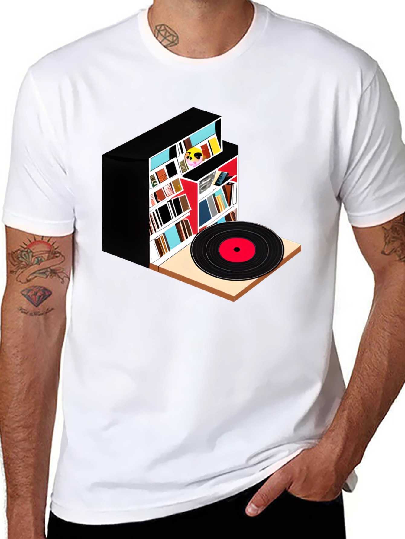 Camiseta Negra con Diseño de Biblioteca y Vinilo