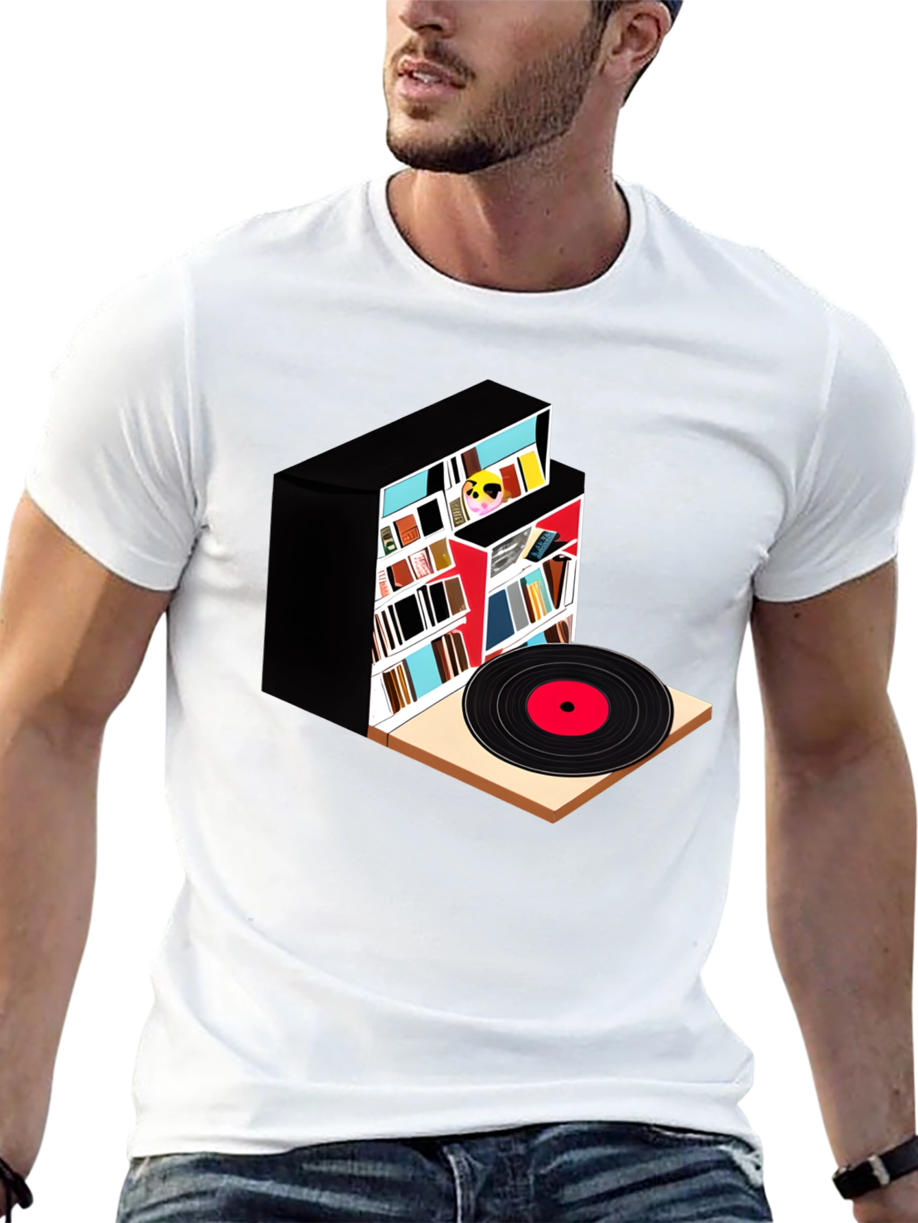 Camiseta Negra con Diseño de Biblioteca y Vinilo