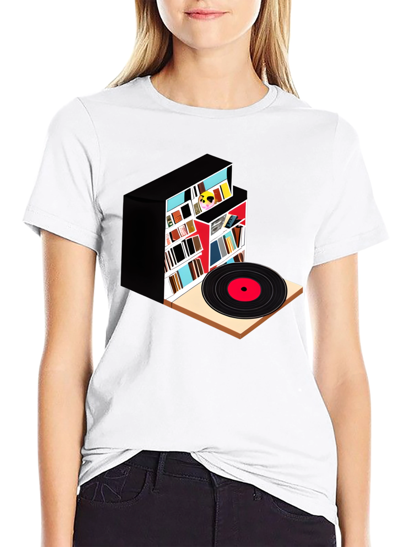 Camiseta Negra con Diseño de Biblioteca y Vinilo