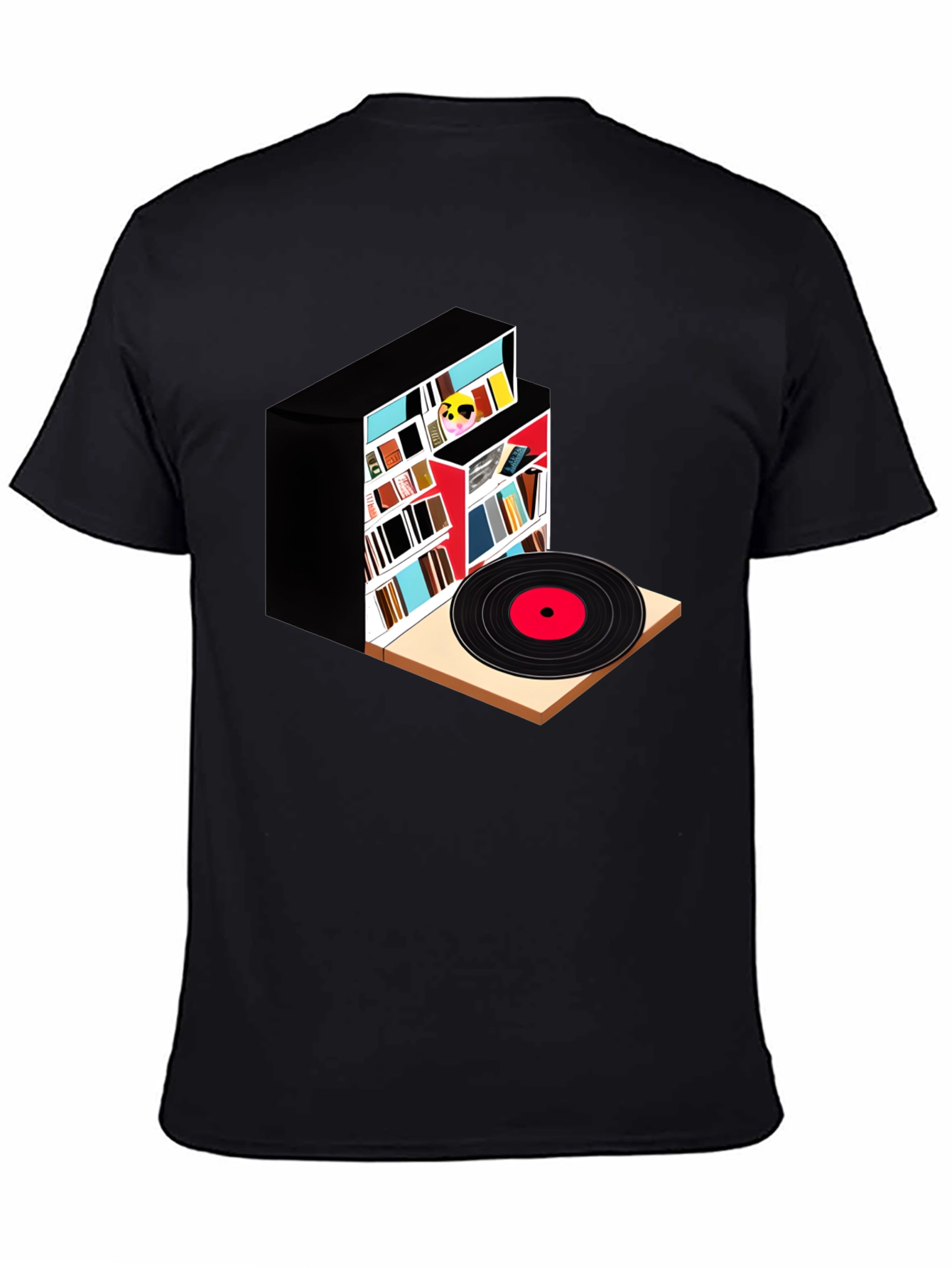 Camiseta Negra con Diseño de Biblioteca y Vinilo