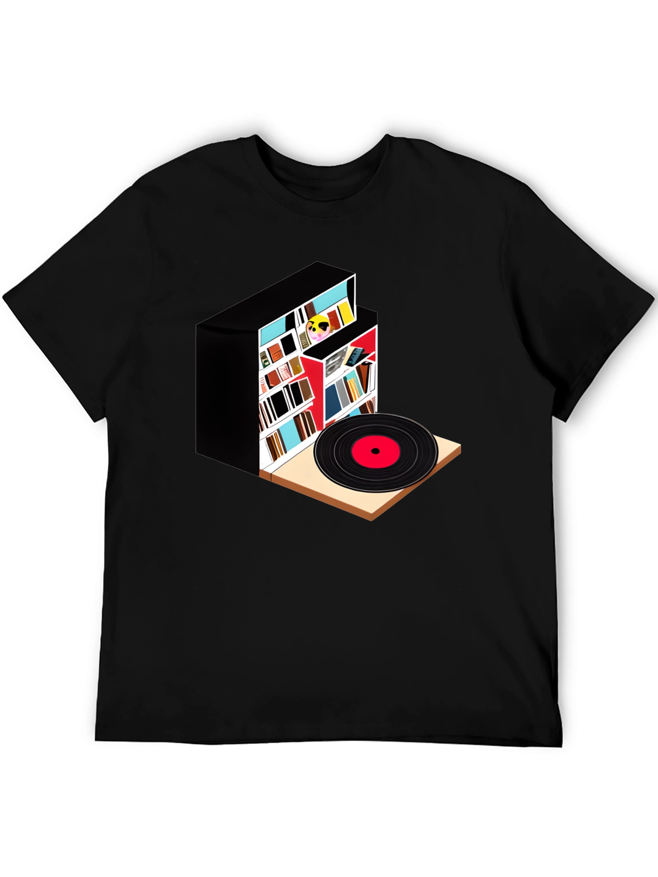Camiseta Negra con Diseño de Biblioteca y Vinilo