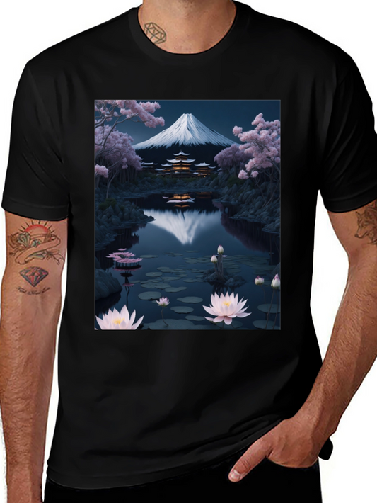 Camiseta Negra Estampada: Monte Fuji y Flores de Loto