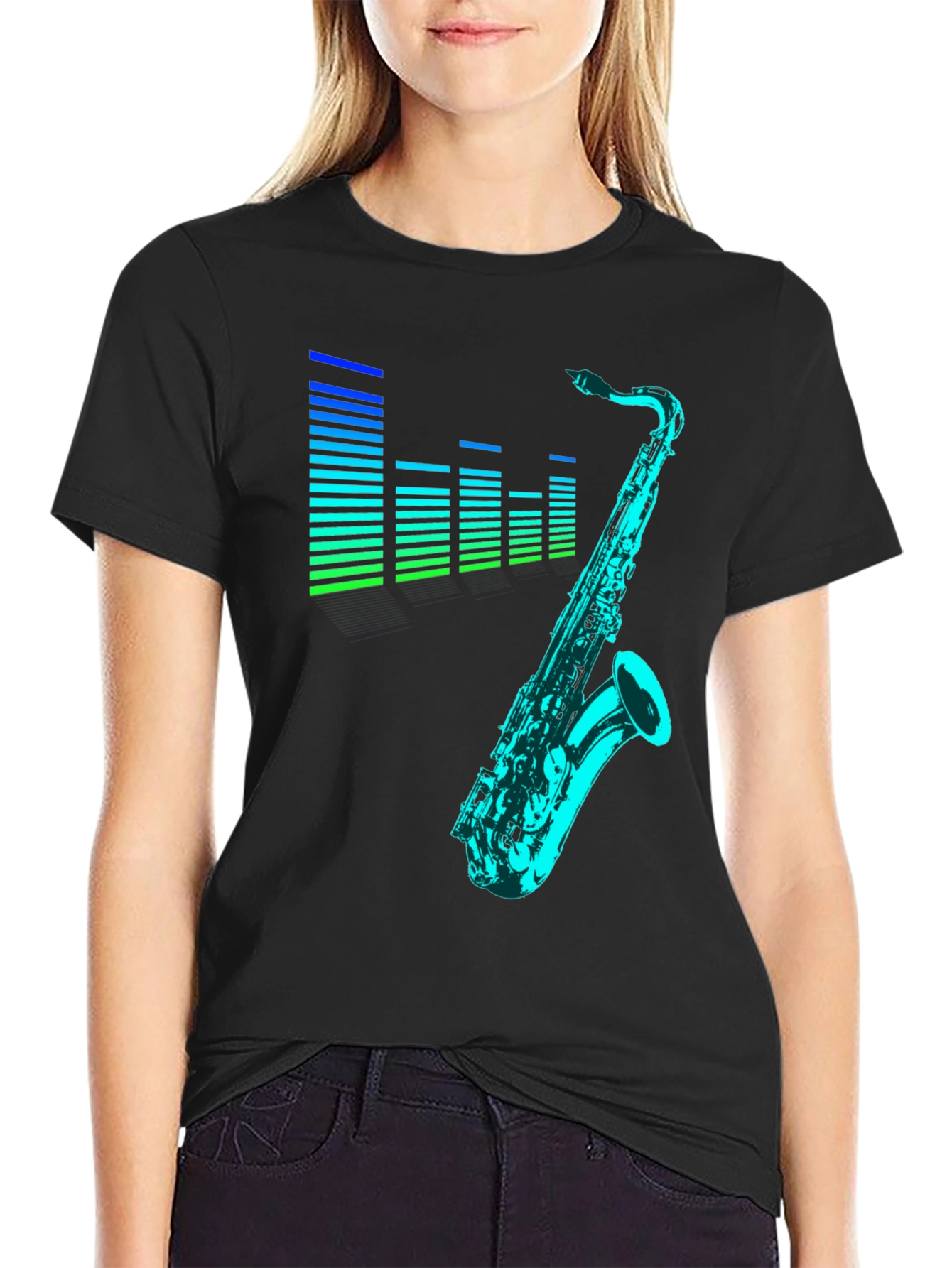 Camiseta Negra con Diseño de Saxofón y Ecualizador