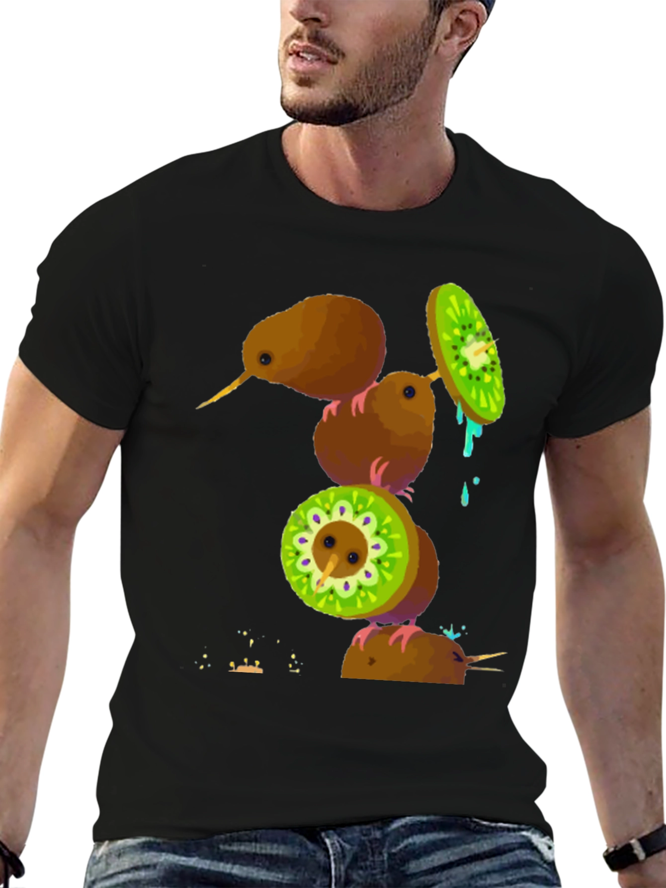 Camiseta Negra con Diseño de Kiwis Divertidos