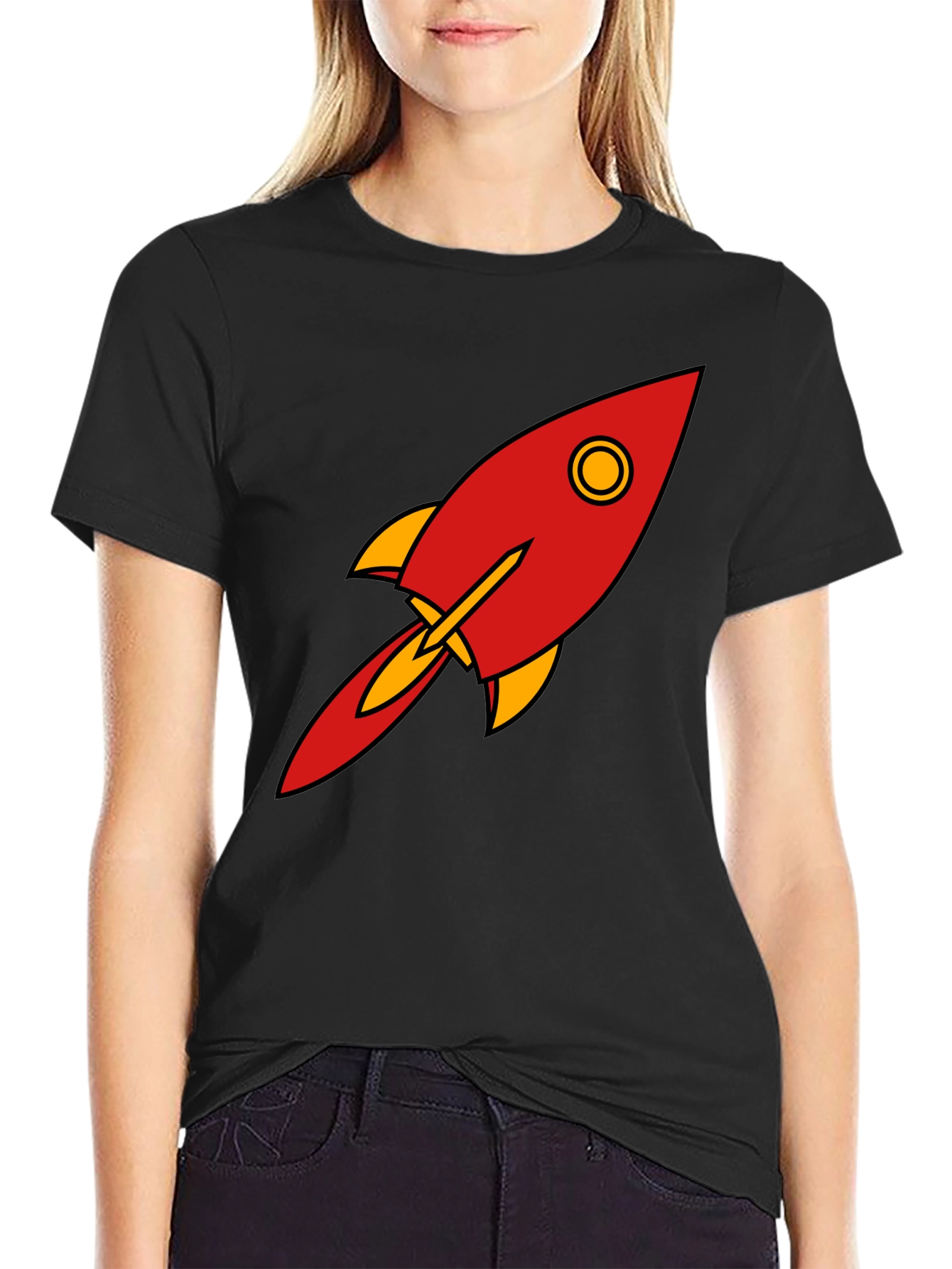 Camiseta Negra con Diseño de Cohete Retro