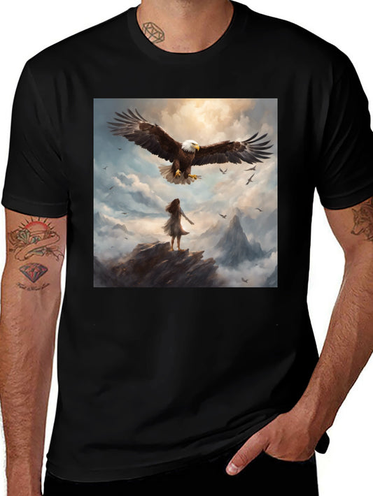 Camiseta Negra con Águila y Paisaje Fantástico