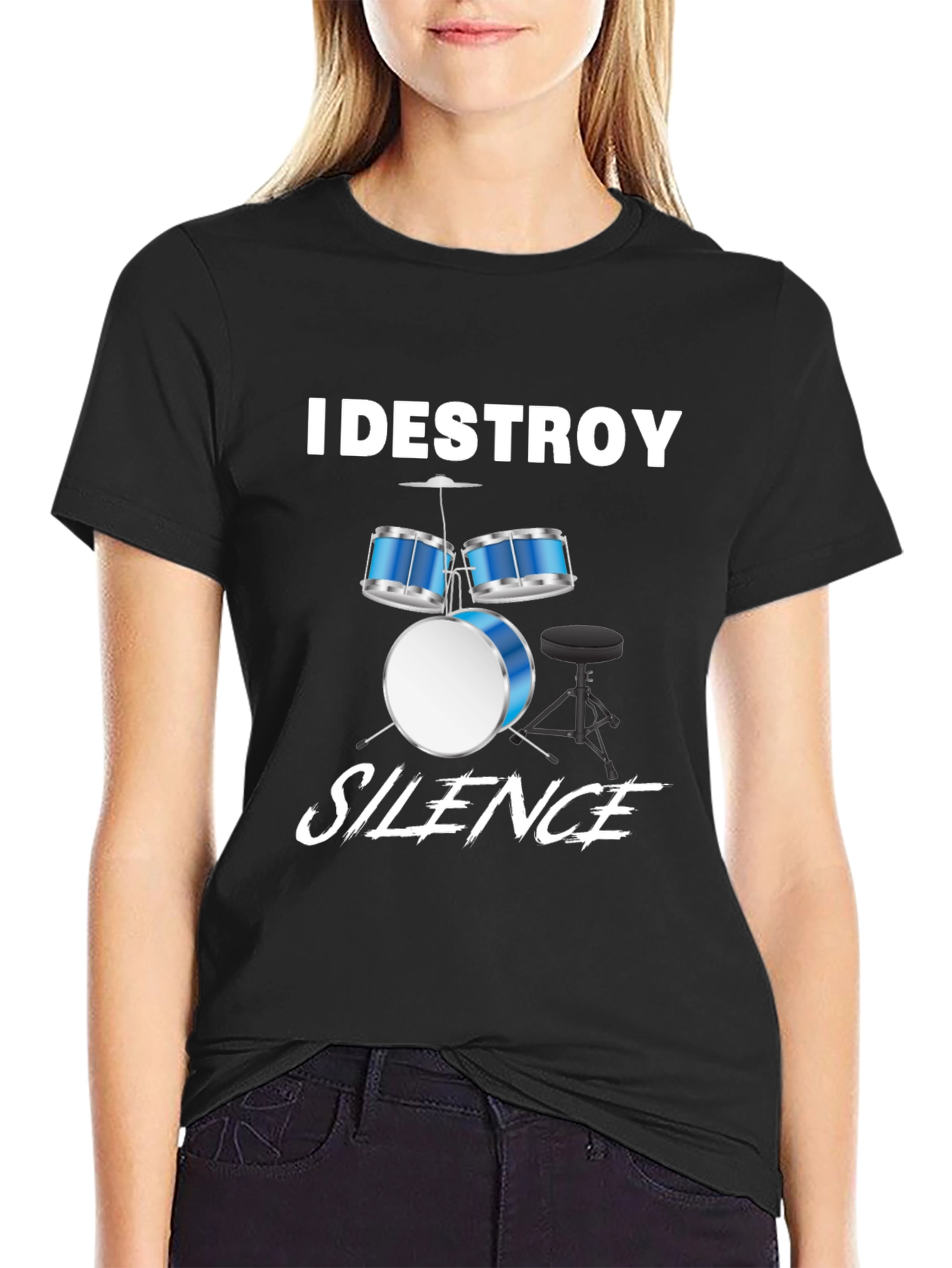 Camiseta Negra con Diseño de Batería Musical
