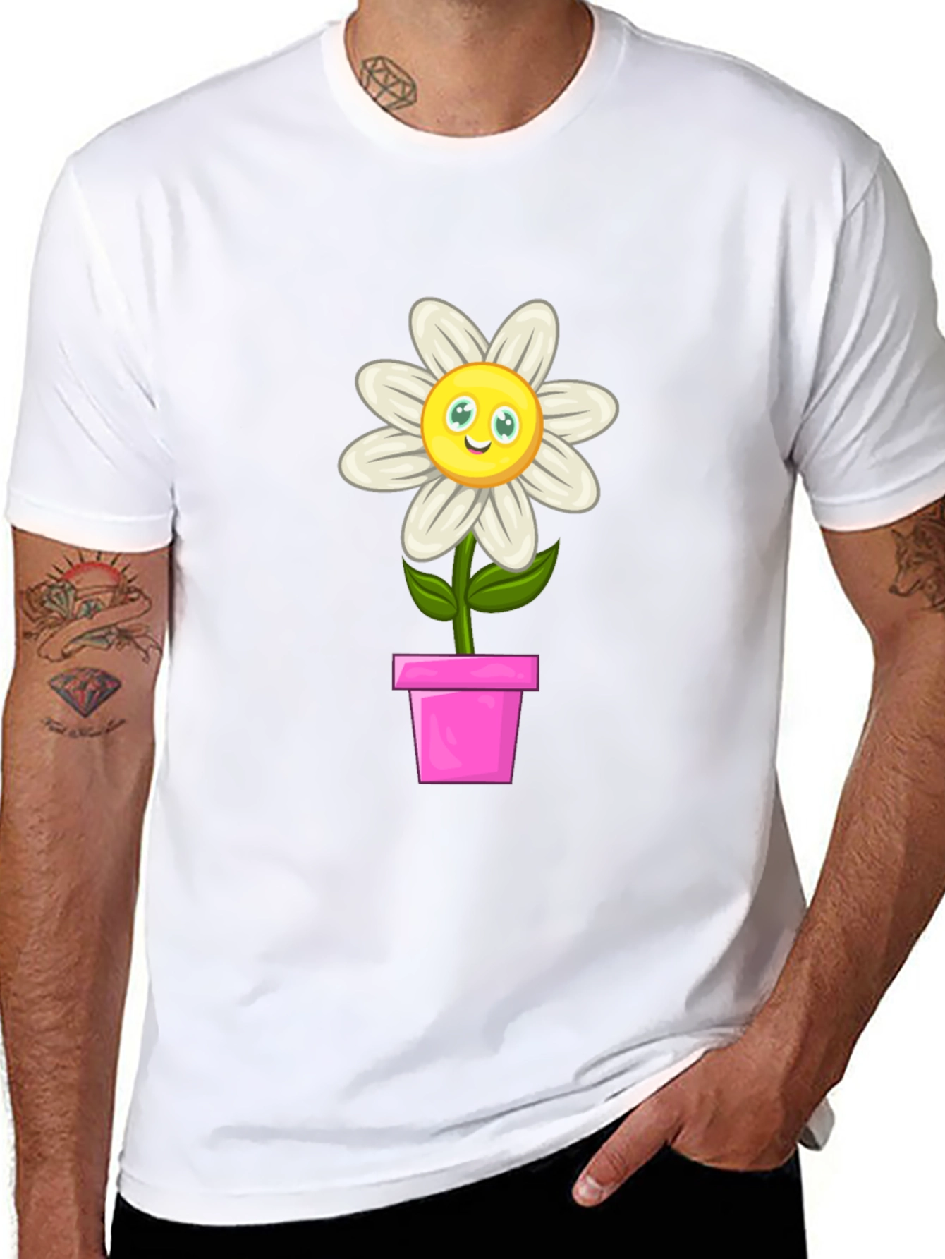 Camiseta Negra con Girasol en Maceta para Hombre