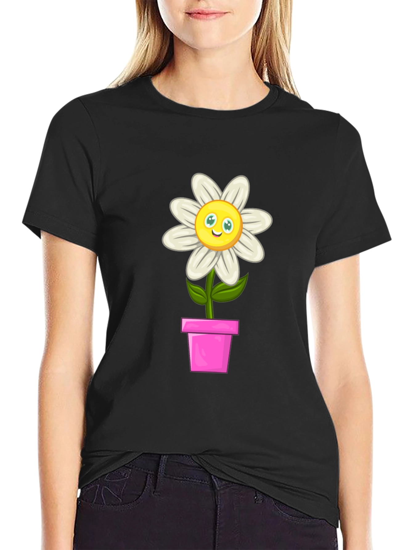Camiseta Negra con Girasol en Maceta para Hombre