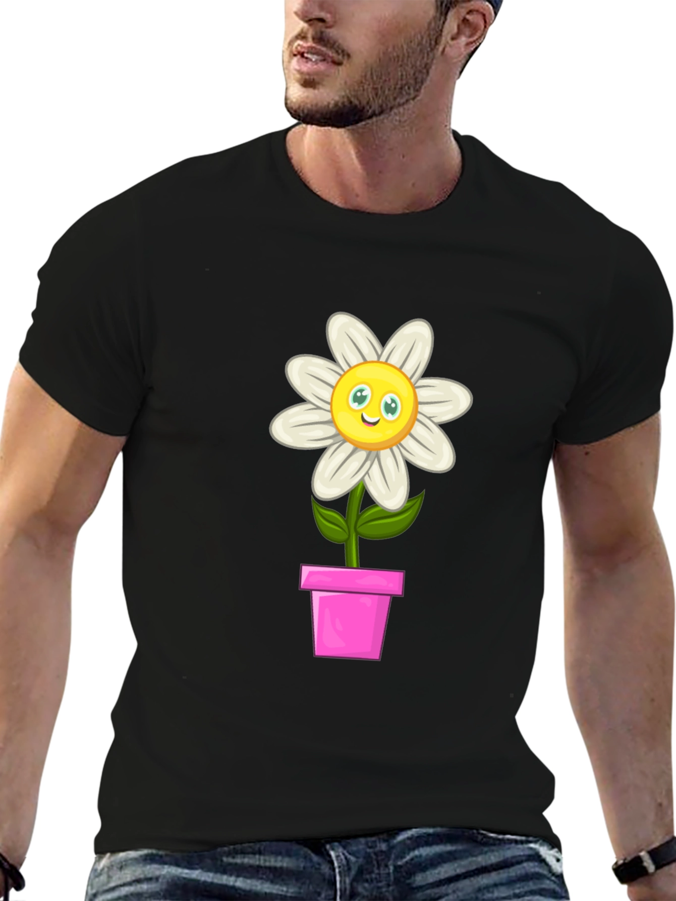 Camiseta Negra con Girasol en Maceta para Hombre
