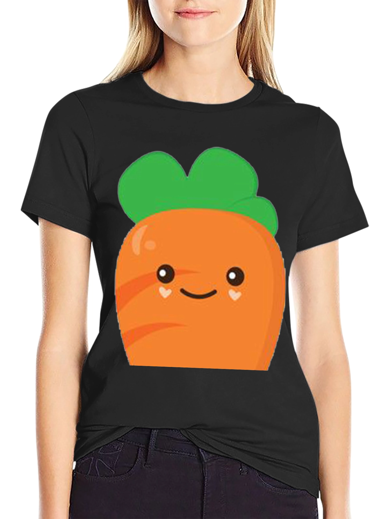 Camiseta Negra con Diseño de Zanahoria Kawaii