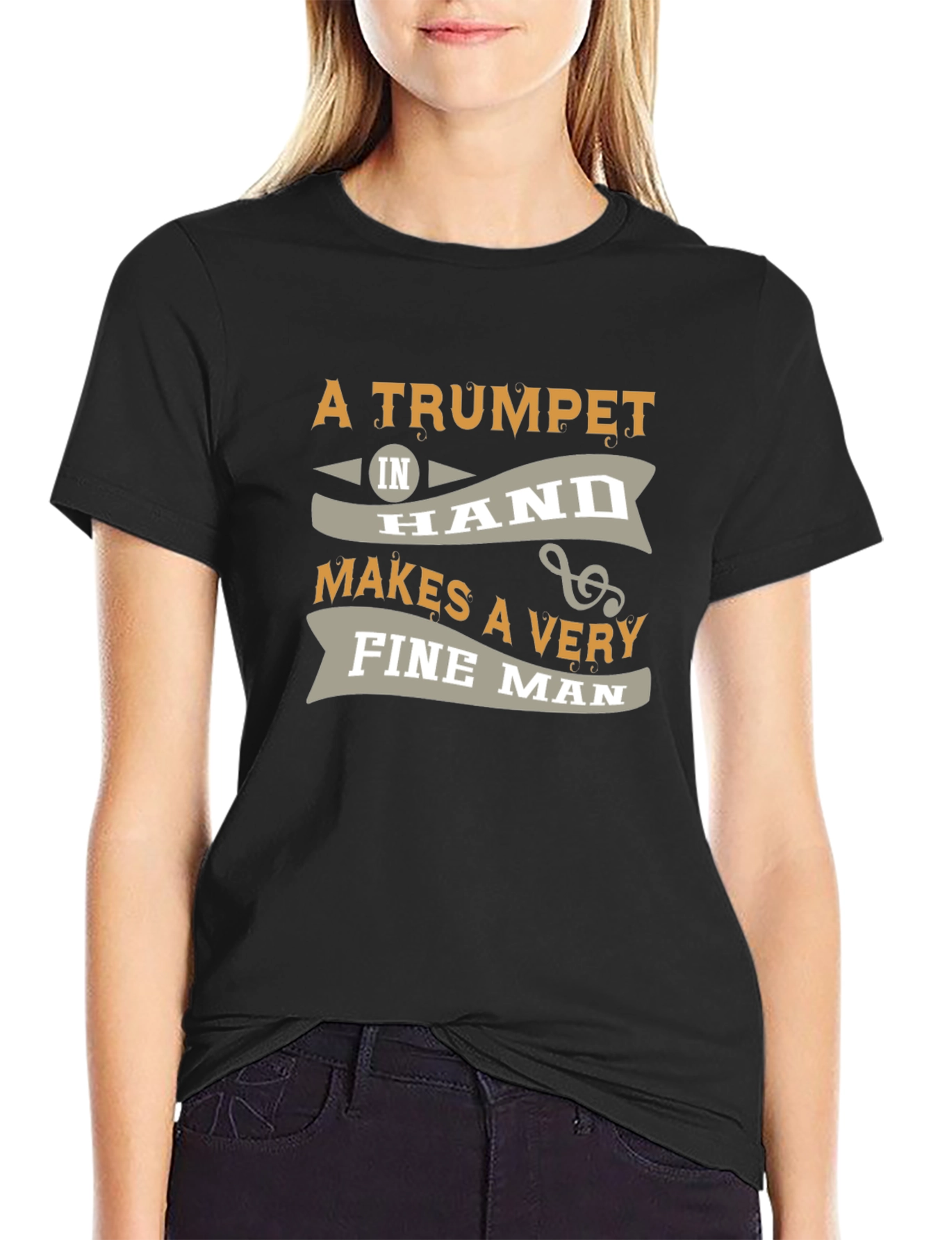Camiseta Negra: Trompeta y Hombre Elegante