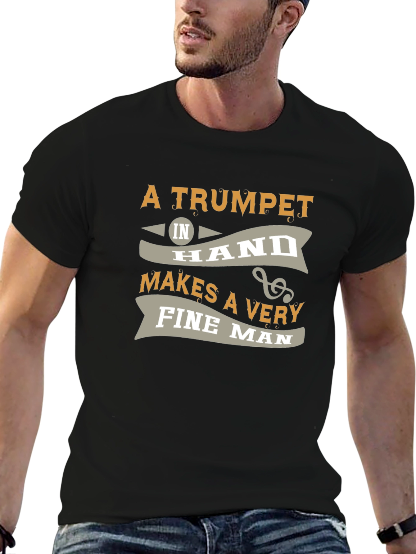 Camiseta Negra: Trompeta y Hombre Elegante