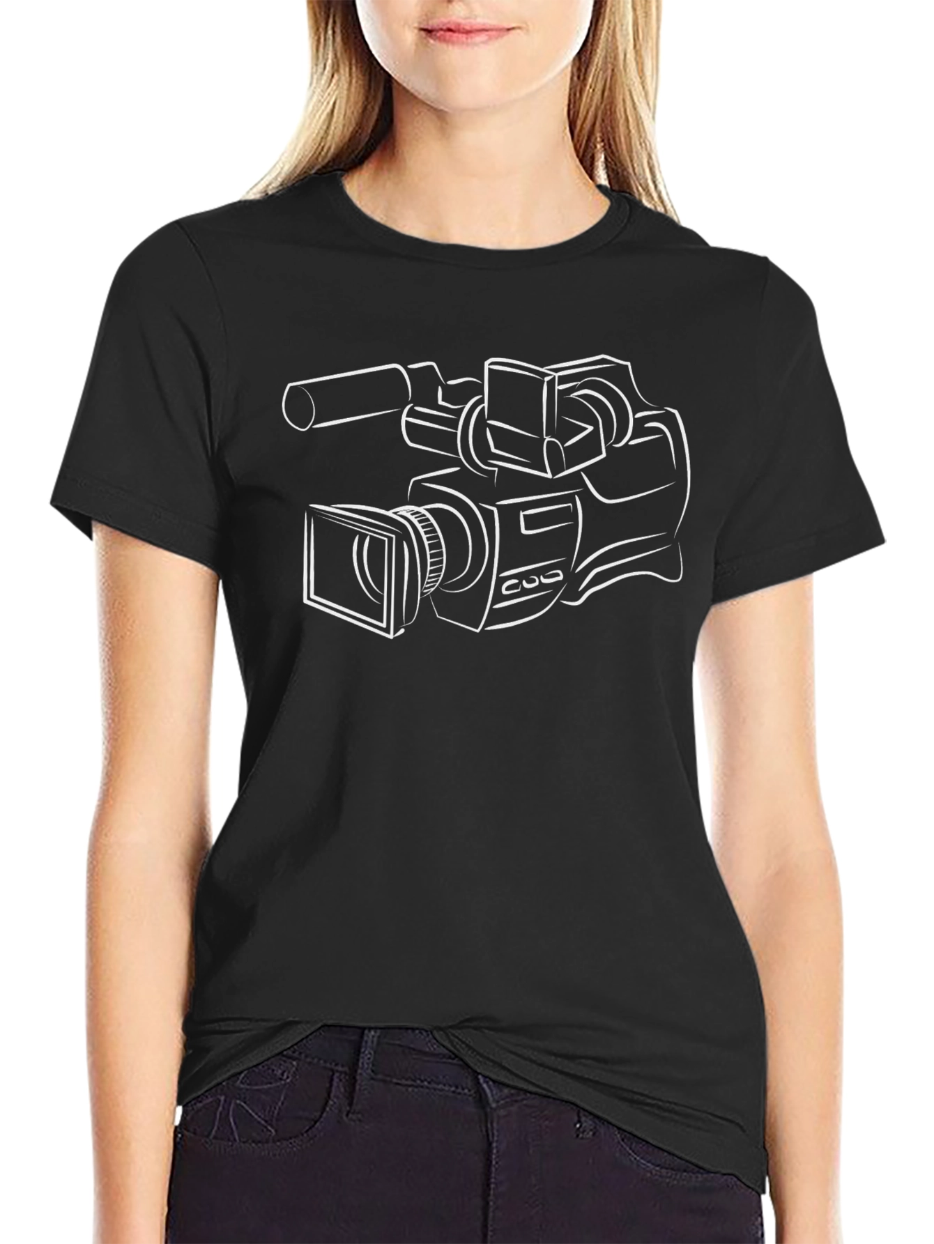 Camiseta Negra con Dibujo de Cámara Profesional