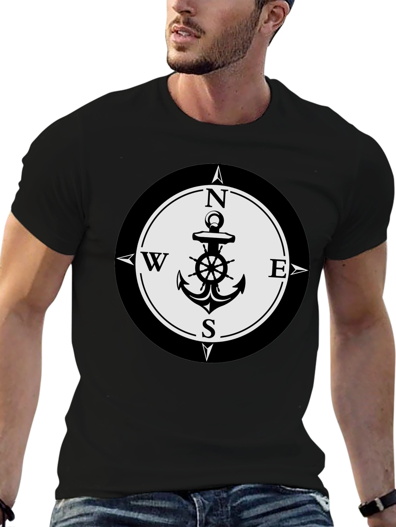 Camiseta Hombre Negra con Diseño Ancla Náutica