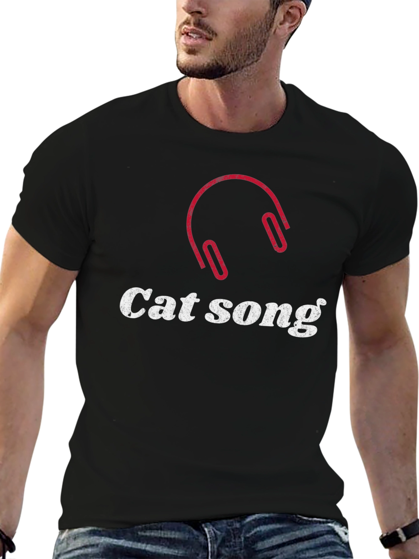 Camiseta Negra Cat Song con Diseño de Audífonos