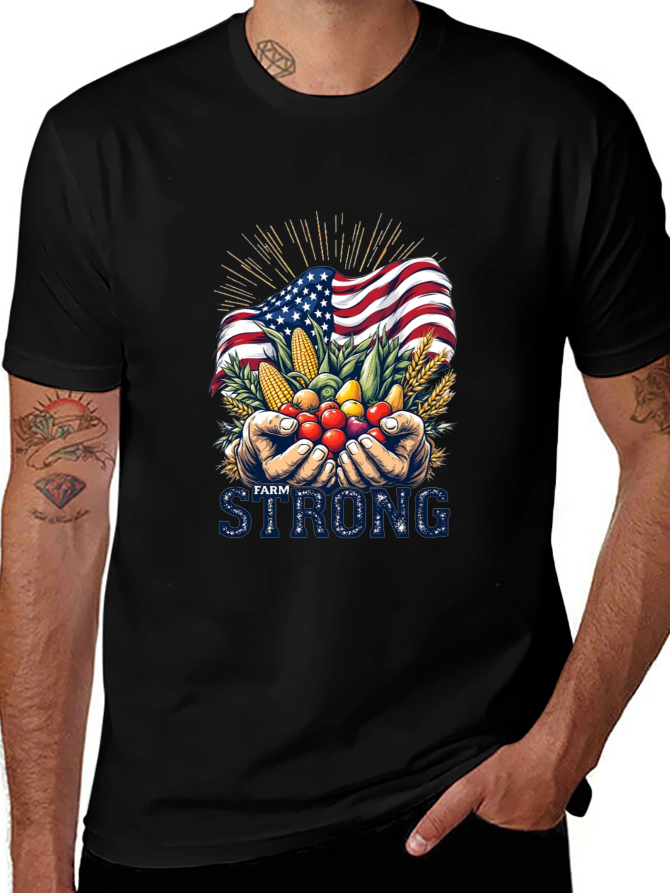 Camiseta Negra Farm Strong con Bandera Americana