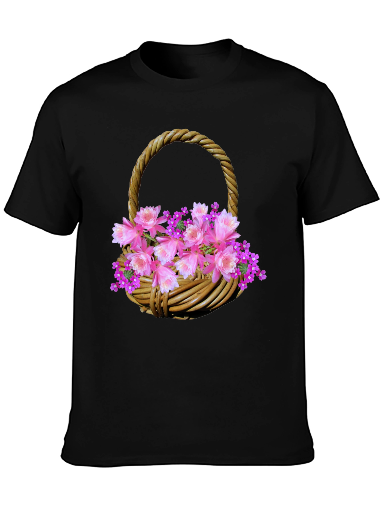 Camiseta Negra con Diseño Floral en Cesta