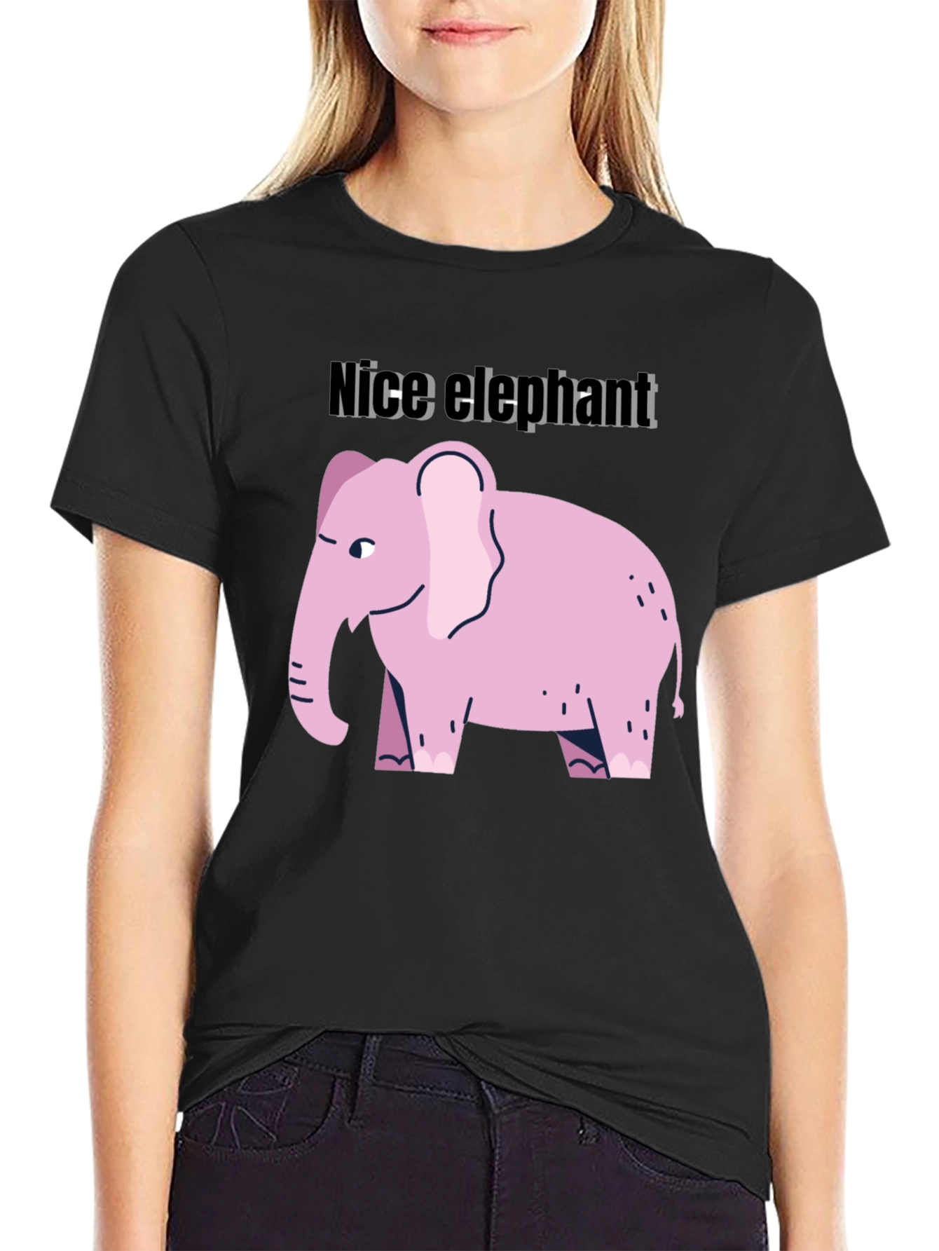 Camiseta Negra con Diseño de Elefante Rosa