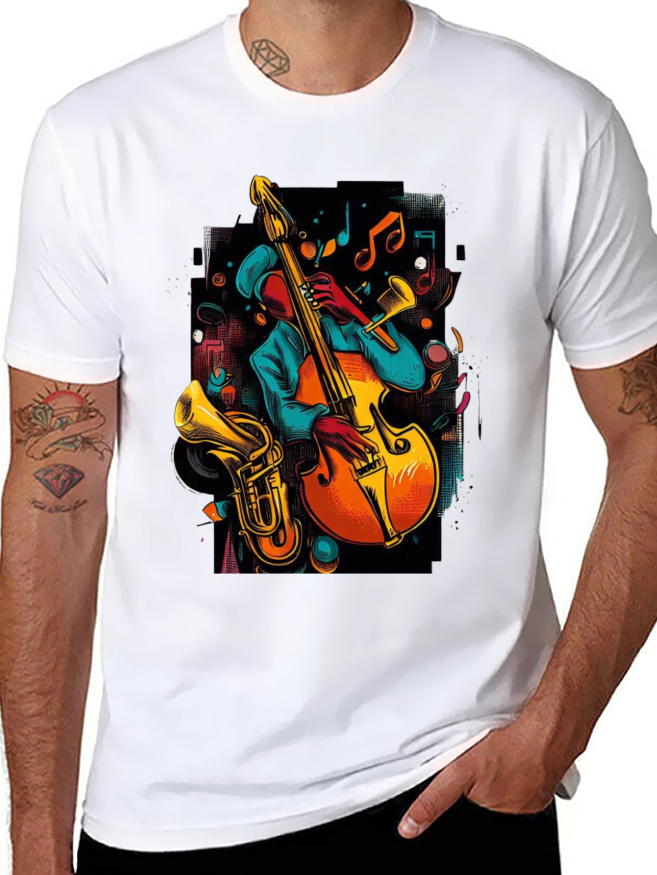 Camiseta Negra con Diseño de Música Jazz